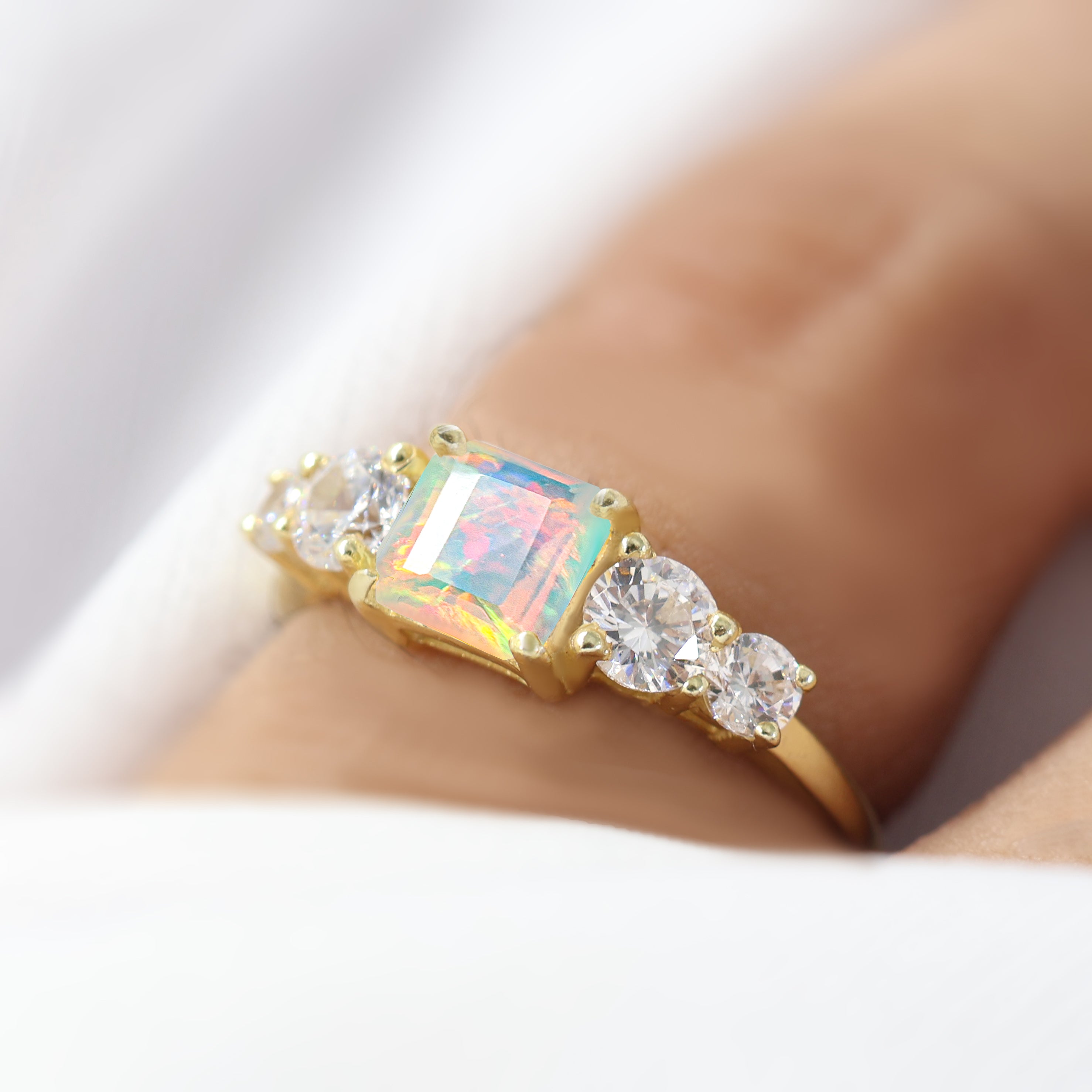 White Natural Fire Faceted Octagon Opal Ring – Elegant Handmade Jewelry for Women, Perfect for Weddings, Parties & Special Occasions