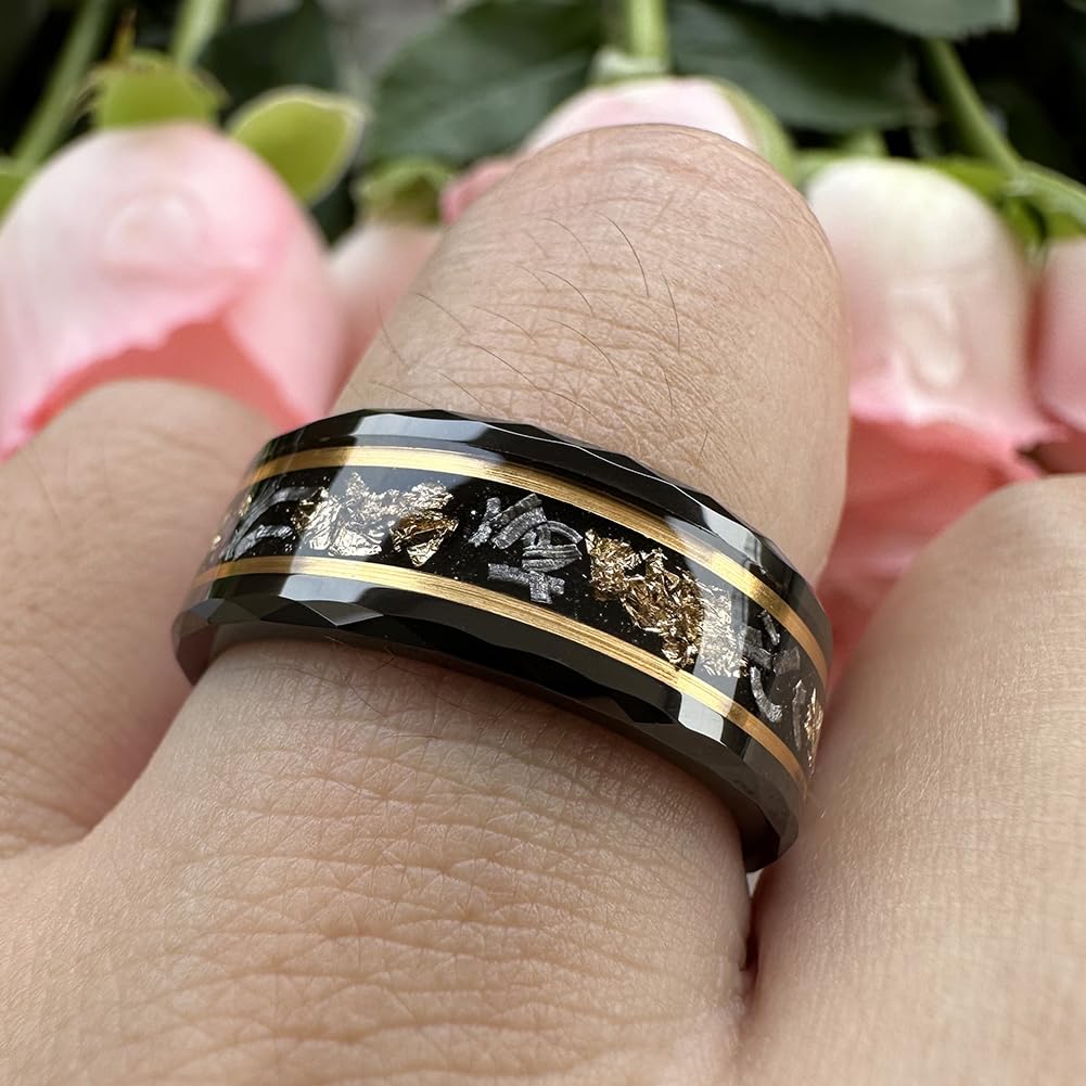 8mm Silver Black Gold Tungsten Rings for Men & Women - Meteorite Chips, Gold Foil & Galaxy Opal Inlay - Comfort Fit Wedding Band, Engagement & Promise Ring - Perfect for Anniversaries, Proposals & Everyday Wear