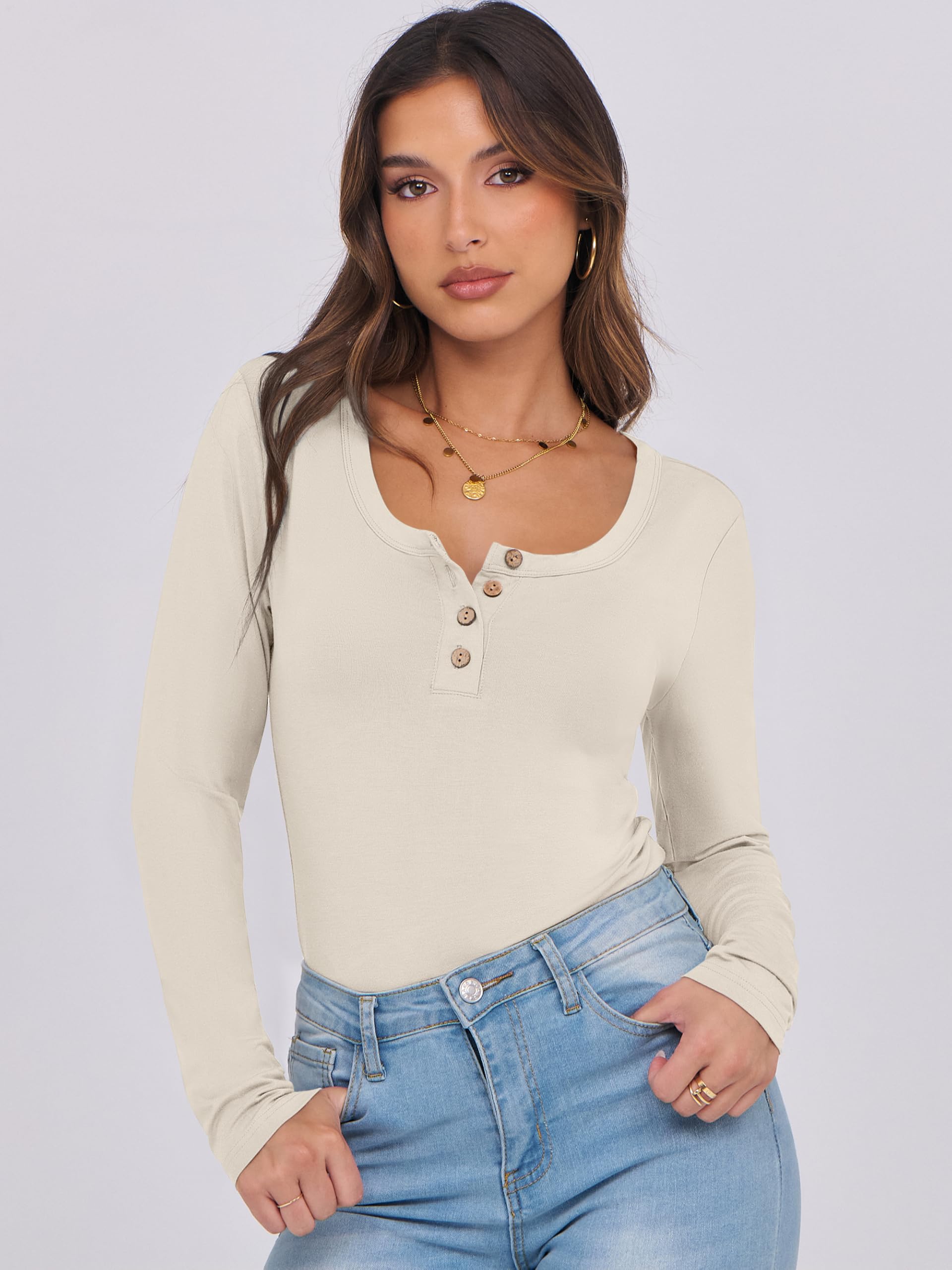 Caracilia Women's Long Sleeve Henley Shirts - Slim Fit Button Down Blouse for Casual Wear | Spring 2025 Fashion Tops | Perfect for Office, Date Night & Everyday Outfits