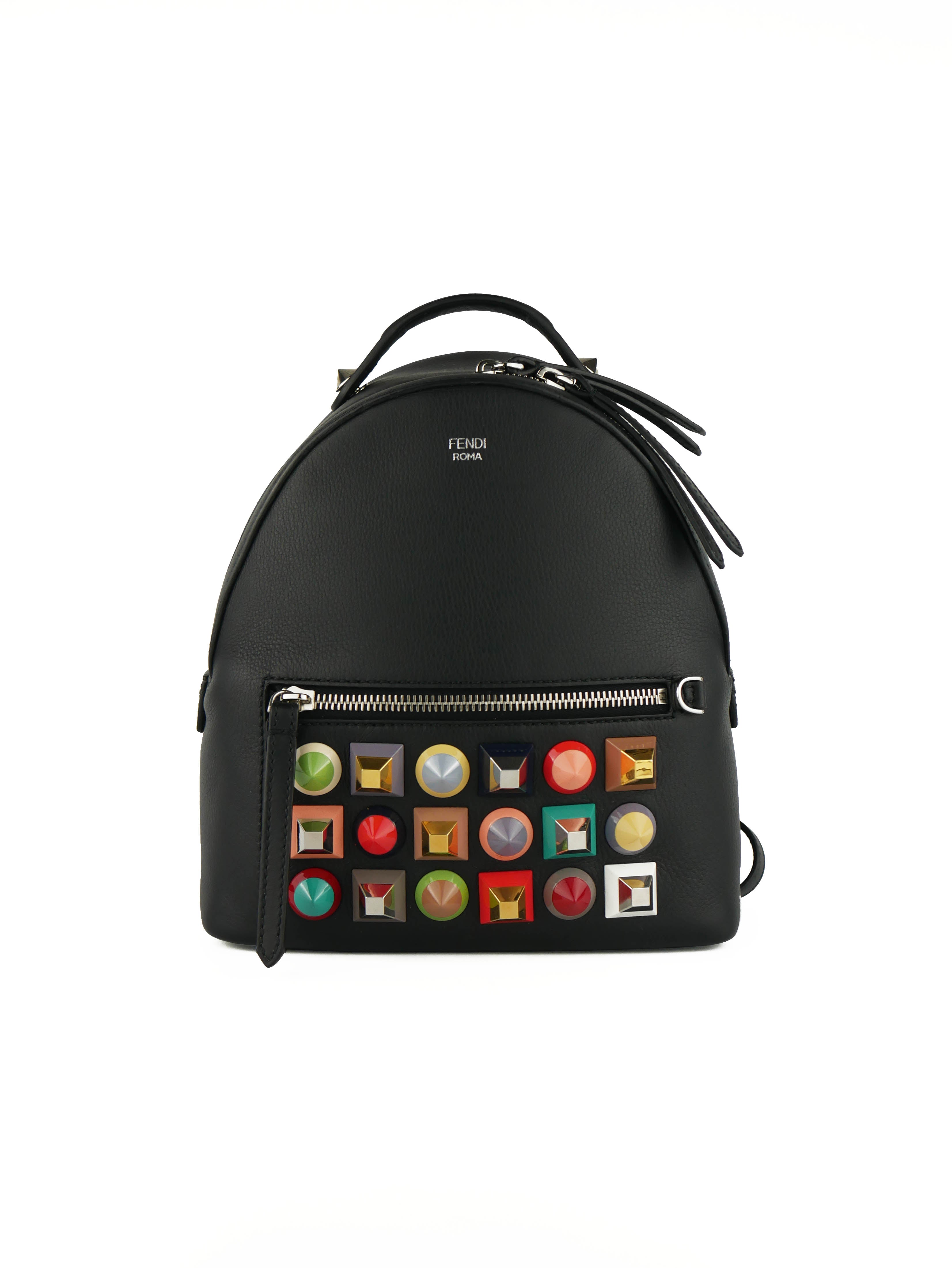 Fendi Black Mini Pyramid Studded Backpack for Women | Luxury Designer Leather Backpack Purse | Perfect for Travel, Shopping & Night Out