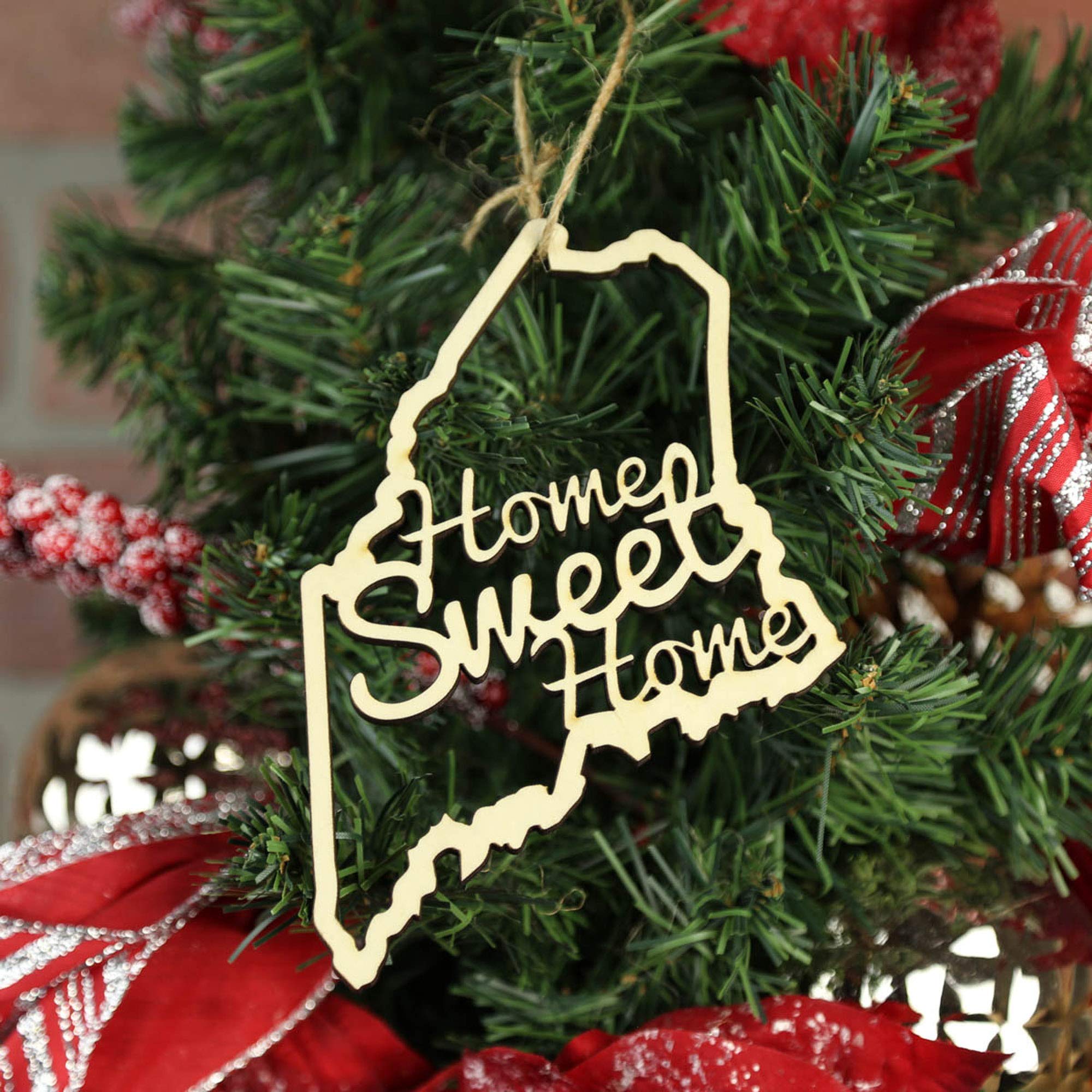 Torched 'Home Sweet Home' Christmas Tree Ornament - Rustic Wooden Hanging Decoration for Holiday & Housewarming Gifts - Perfect for Maine-Themed Christmas Decor & Cozy Cabin Ambiance