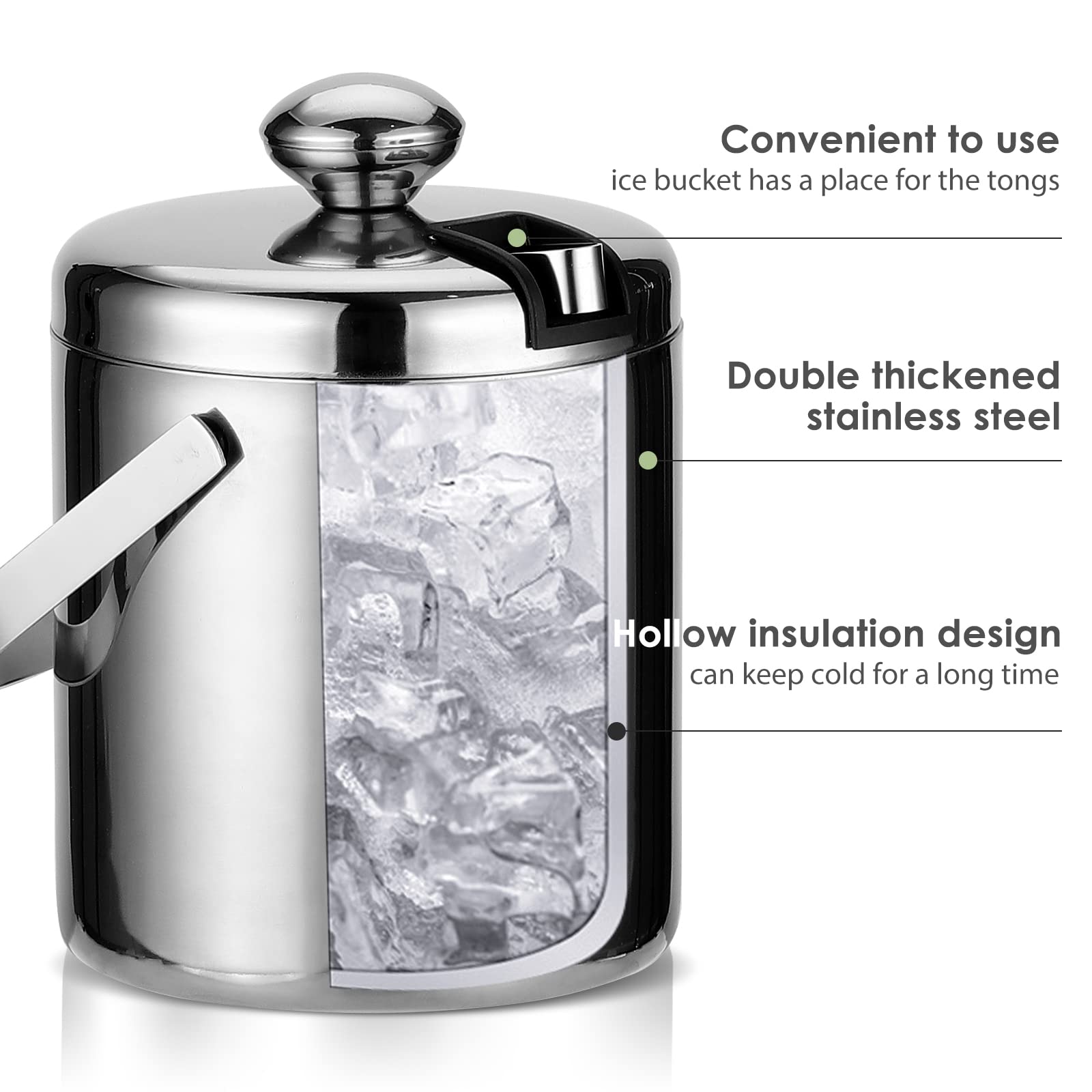 Premium 1.5L Stainless Steel Ice Bucket with Lid - Double Wall Insulated Metal Ice Bucket for Whiskey, Cocktails & Beverages - Includes Tongs & Strainer - Perfect for Home Bars, Parties, Weddings & Outdoor Events