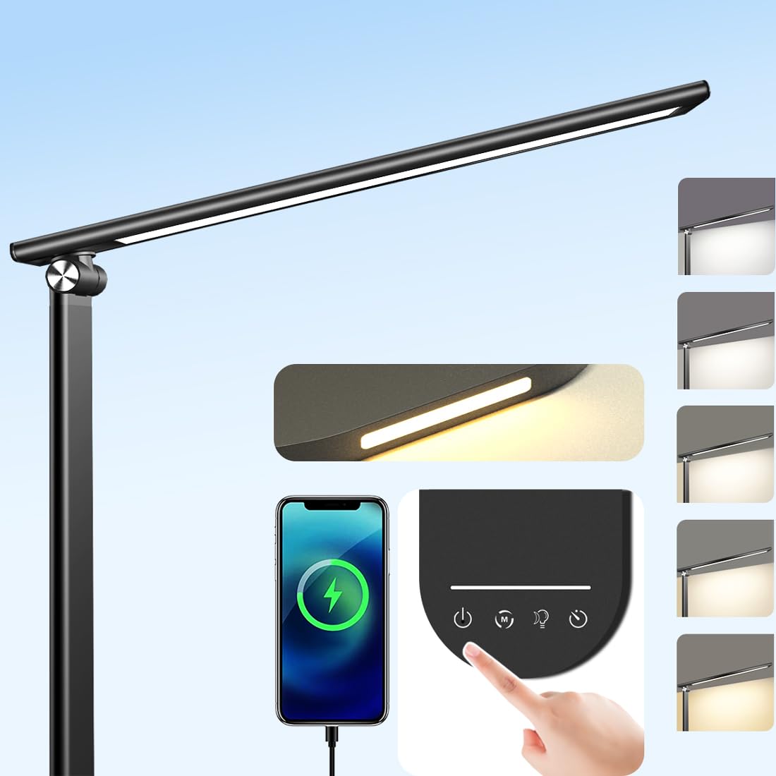 LED Desk Lamp with USB Charging Port - 5 Modes Dimmable & Timer, Eye-Caring Study Lamp for Home Office & Dorm Room, Black USB Table Lamp for Reading, Working & Night Use