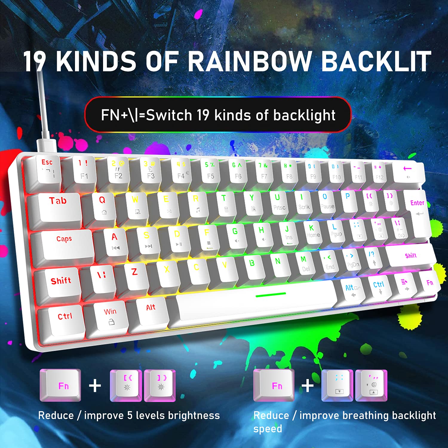 60% UK-Layout Wired Gaming Keyboard and Mouse Combo - 62-Key Mini Compact Mechanical Keyboard with 19 Rainbow & 6 RGB Lighting Effects, 6400 DPI Lightweight Gaming Mouse (White/Red Switch) - Perfect for PC Gaming, Office Work, and Esports Enthusiasts