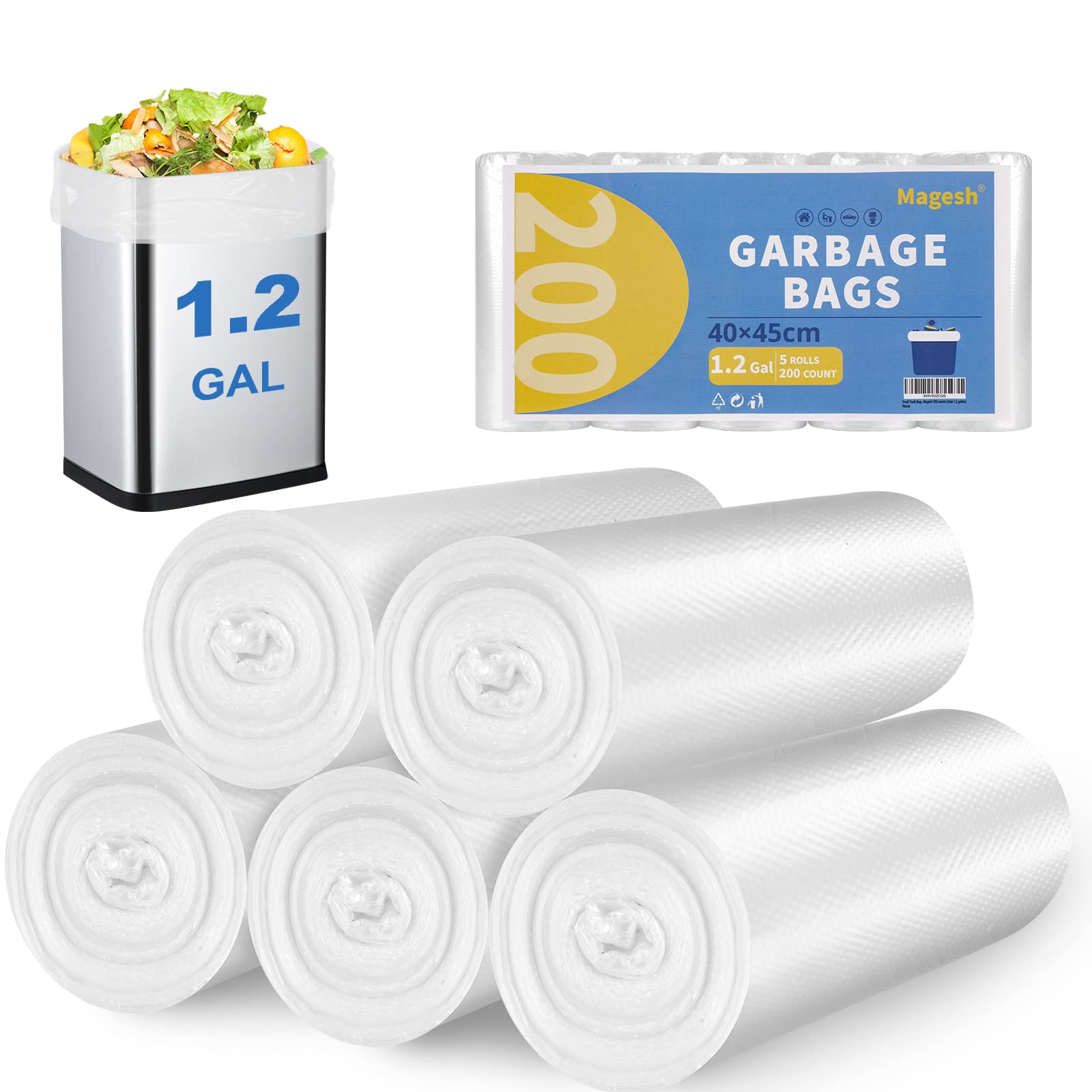Small Trash Bags - Magesh 1.2 Gallon Garbage Bags | 200 Count Strong Wastebasket Liners for Bathroom, Bedroom & Office Trash Cans | Perfect for Small Spaces, Diaper Pails & Desk Side Bins (Clear 1.2 Gallon)