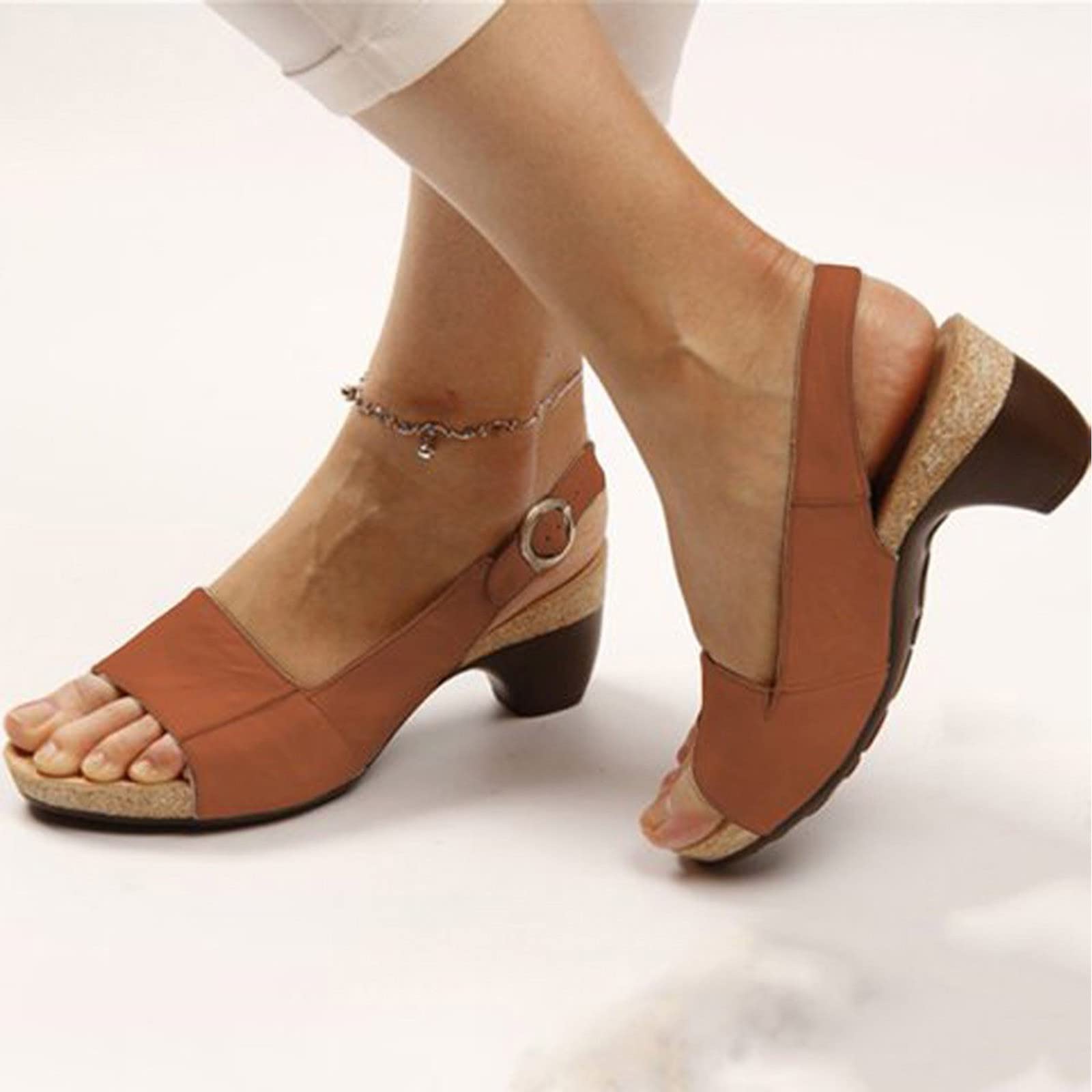 Oiangi Women's Summer Thick Heel Sandals - Fashion Ankle Strap Buckle Open Toe Low Chunky Heel Sandals for Women | Comfortable Casual Ladies Slingback Shoes for Beach, Party & Daily Wear