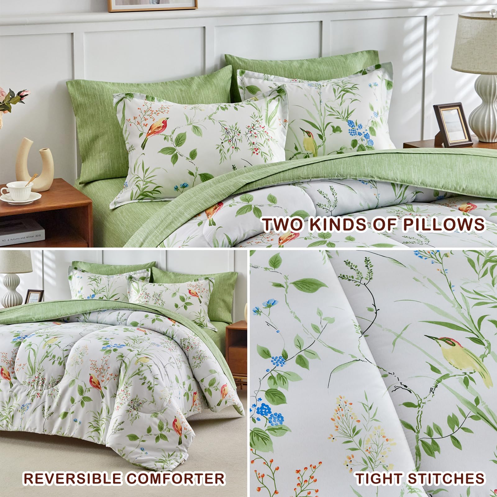 Joyreap 6-Piece Twin Bed in a Bag Set - Floral Comforter & Sheet Set with Green Leaves & Colorful Birds on White Design | All-Season Microfiber Bedding for Kids, Teens & Guest Rooms | Soft, Breathable & Easy Care
