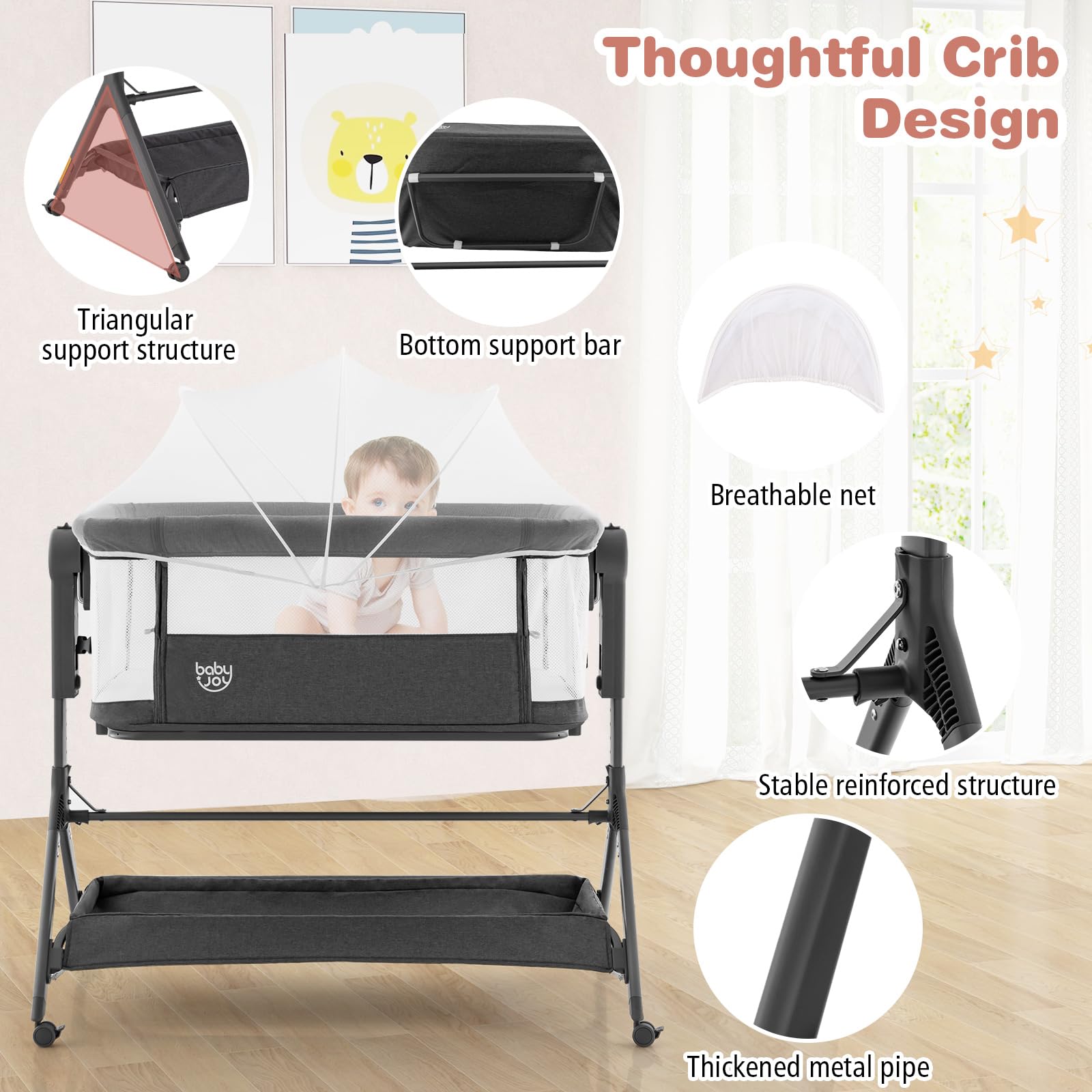 BABY JOY 3-in-1 Rocking Bassinet with Storage Basket - Adjustable Height Baby Bedside Sleeper with Universal Wheels, Mattress, Mesh Net & Portable Carry Bag - Perfect for Nursery, Bedroom & Travel (Gray)