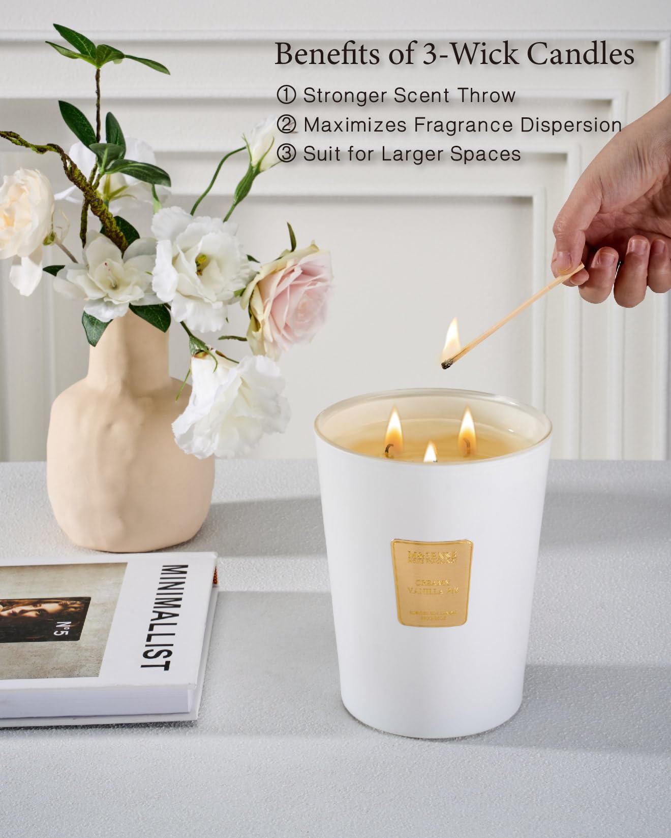 M&SENSE Extra Large 3-Wick Scented Candle - 35oz Creamy Vanilla Soy Wax Candle (150H Burn Time) | Aromatherapy Stress Relief, Home Fragrance & Housewarming Gift | Perfect for Living Room, Bedroom, Bathroom & Office Decor