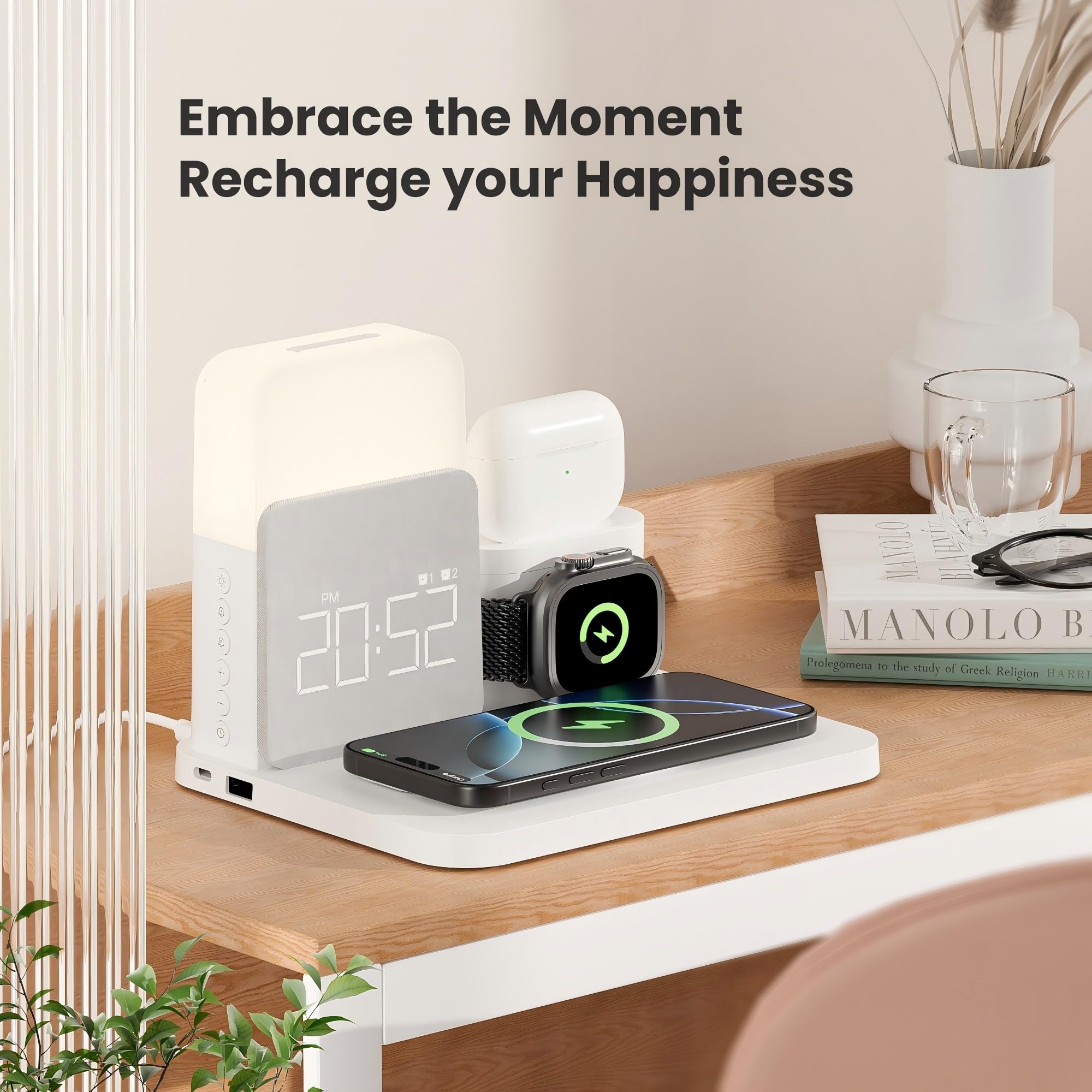 7-in-1 Wireless Charging Alarm Clock with MagSafe for iPhone 16/15/14/13/12 Pro Max - Bedside Charging Station with Night Light for Apple Watch & AirPods - Perfect for Bedroom, Office & Travel Use