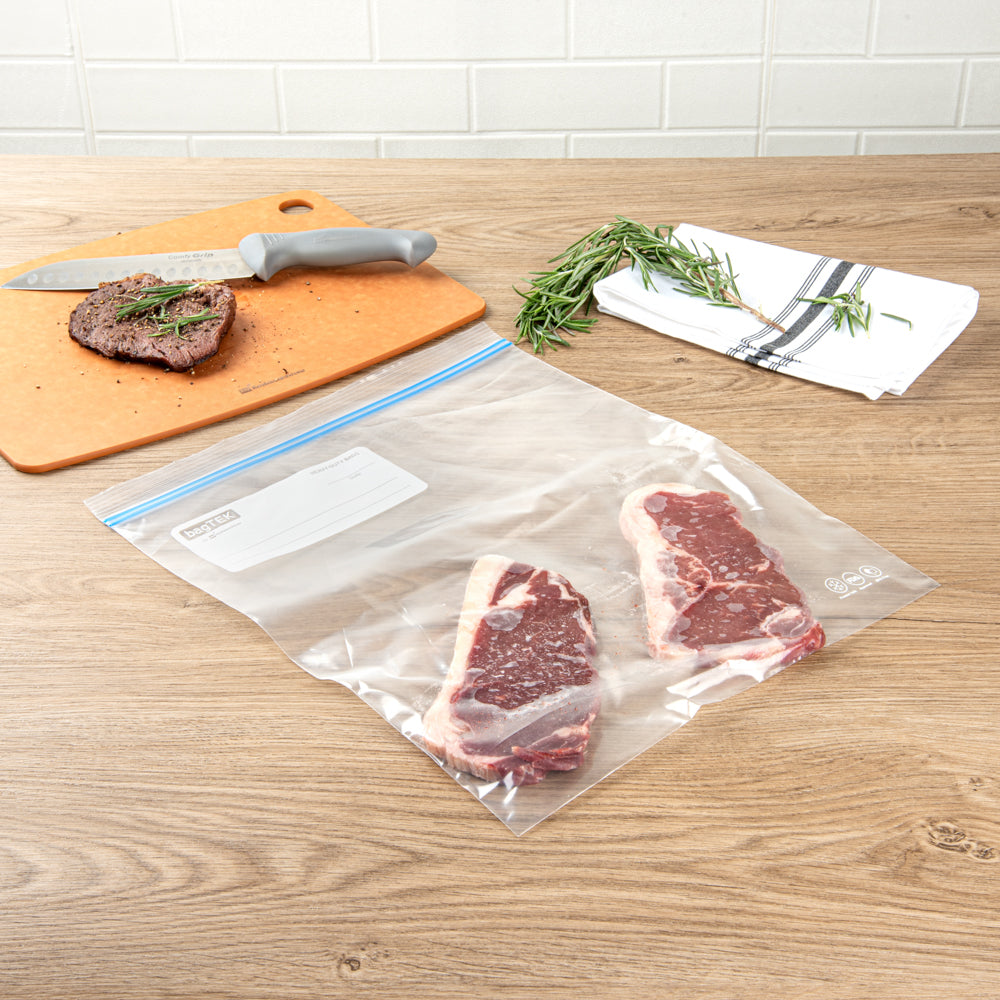 Bag Tek 2 Gallon Clear Plastic Freezer Bags with Double Zipper - BPA Free, Write-On Labels (15x13 Inches) - 25 Count Box - Perfect for Food Storage, Meal Prep & Freezing