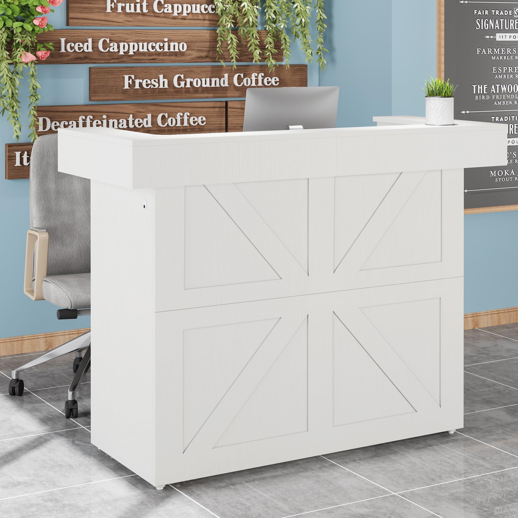 Tribesigns 55-Inch Modern Reception Desk with Built-In LED Light & Cable Grommets - White Office Lobby Counter Table for Salon, Retail Store, Hotel & Business Reception Area - Perfect for Professional Workspaces & Customer Service Areas