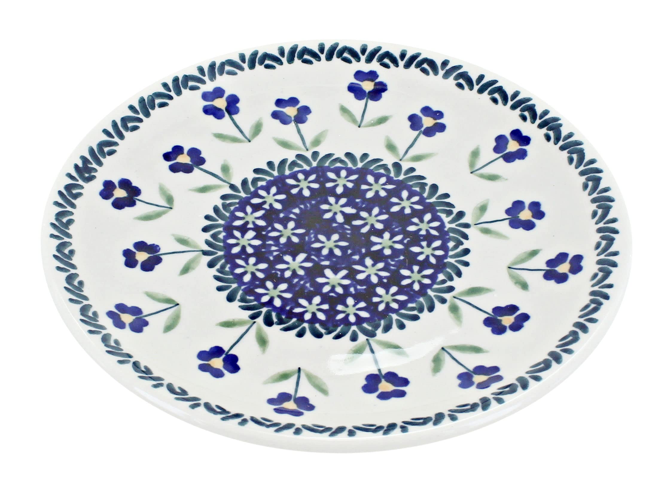 Handmade Blue Rose Polish Pottery Dessert Plate with Daisy Design - Elegant Ceramic Appetizer Plate for Tea Parties, Weddings & Home Decor