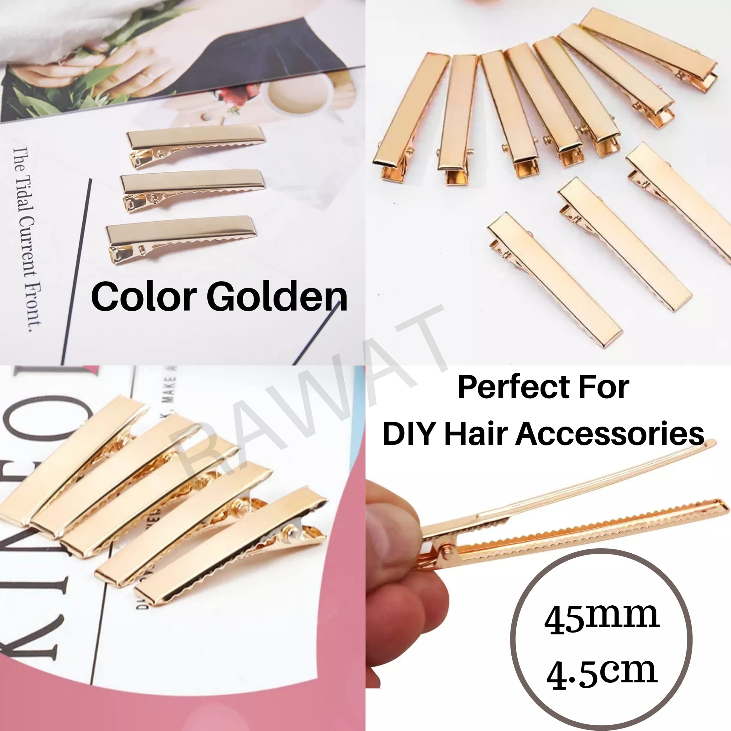 RAWAT Alloy Metal Single Prong Alligator Hair Clips - 4.5CM Gold Hairpins for Women (Pack of 100) | DIY Hair Bows, Updos, Braids & Wedding Hairstyles