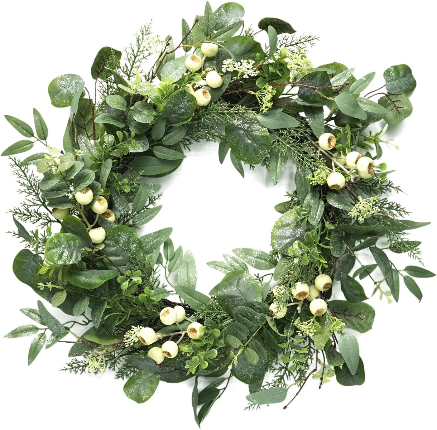 24 Inch Artificial Eucalyptus Wreath with Glitter - Green Spring Wreath with White Berries & Eucalyptus Leaves for Front Door, Wedding, Home & Outdoor Decor - Perfect for Christmas, Fall and Seasonal Door Hanging Decorations
