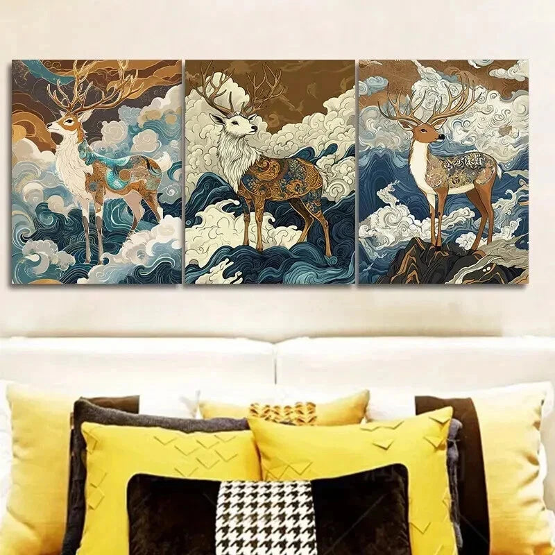 3-Piece Majestic Deer with Dual Antlers Wall Art Set - 50x70cm Framed Canvas Prints | High-Quality Australian Made | Ready to Hang | Perfect for Living Room, Bedroom & Office Decor