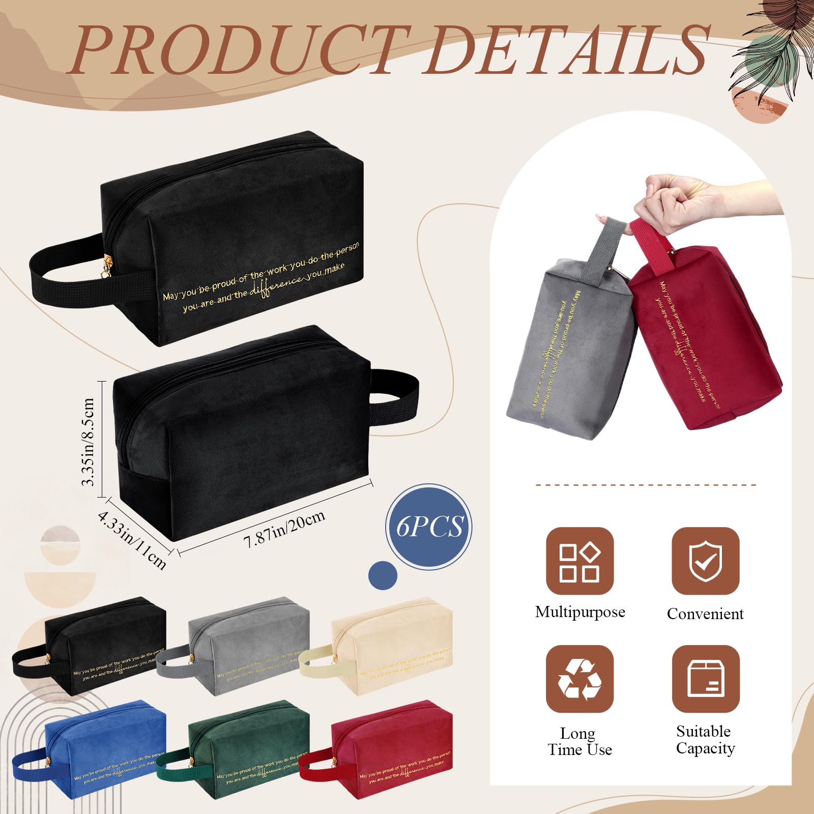 Buryeah 6-Piece Velvet Cosmetic Makeup Bags Set - Inspirational Nurse & Teacher Appreciation Gifts for Graduation, Housekeeping, Travel - Perfect for Women & Men (Proud Sign Design)
