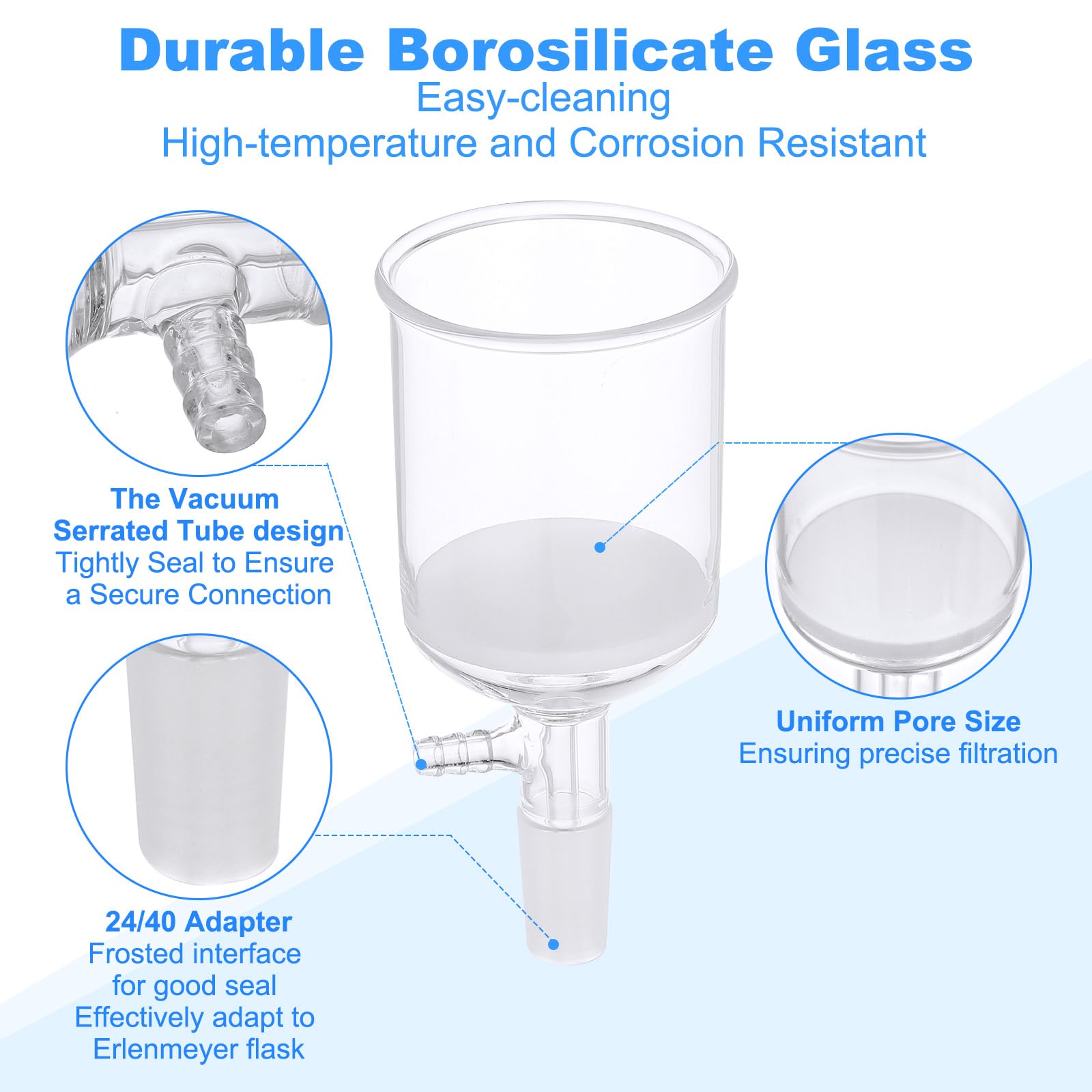 PATIKIL 250ml Borosilicate Glass Buchner Funnel with Fine Frit (G3) - 24/40 Standard Taper Joint for Lab Experiments - 75mm ID, 84mm Depth - Ideal for Filtration, Chemistry & Scientific Research
