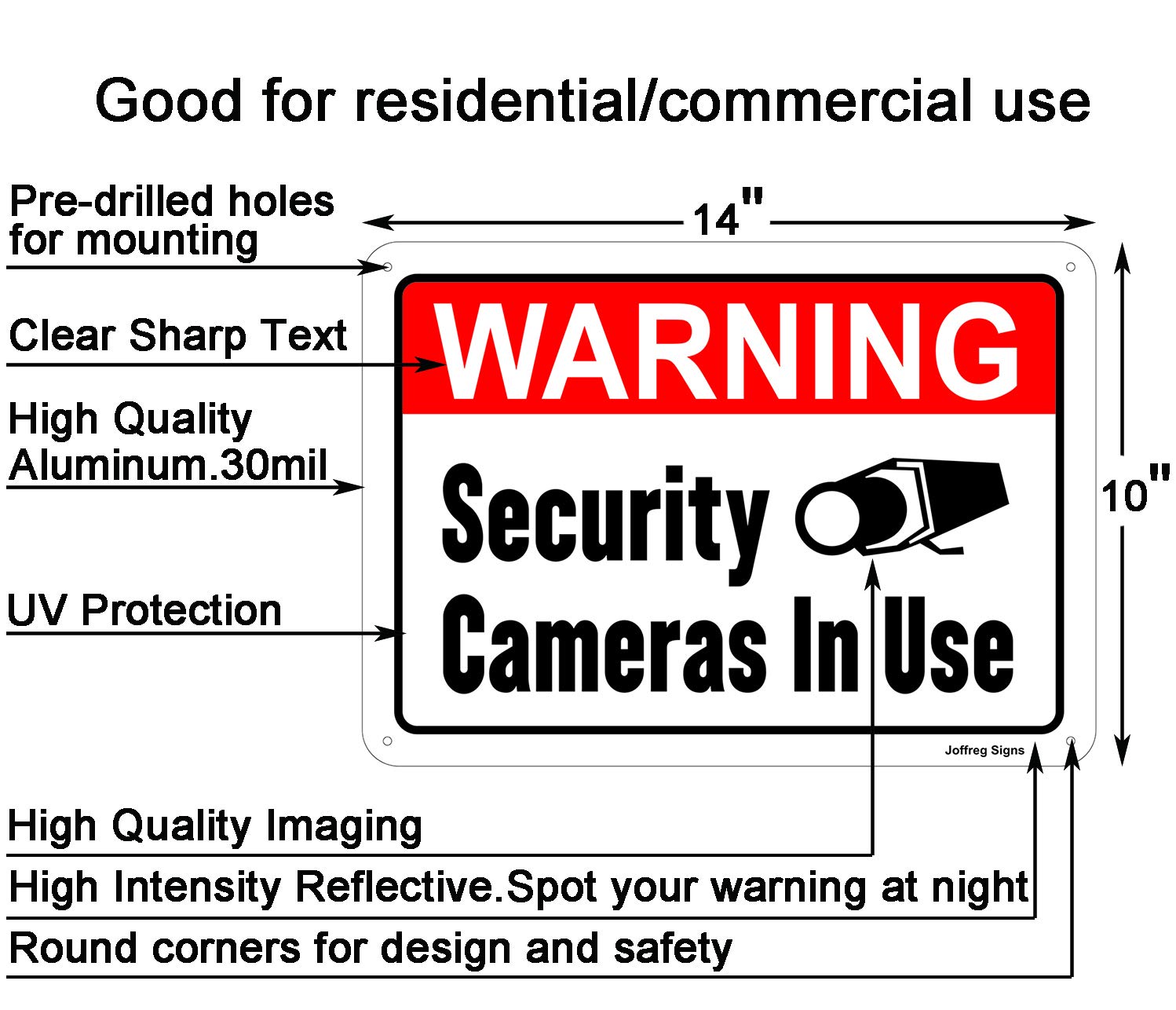 Joffreg Reflective Security Camera Warning Sign - 14x10 Inch Aluminum, UV Printed, Weatherproof & Waterproof for Indoor/Outdoor Use (2 Pack) - Ideal for Home Security, Business Surveillance & Property Protection