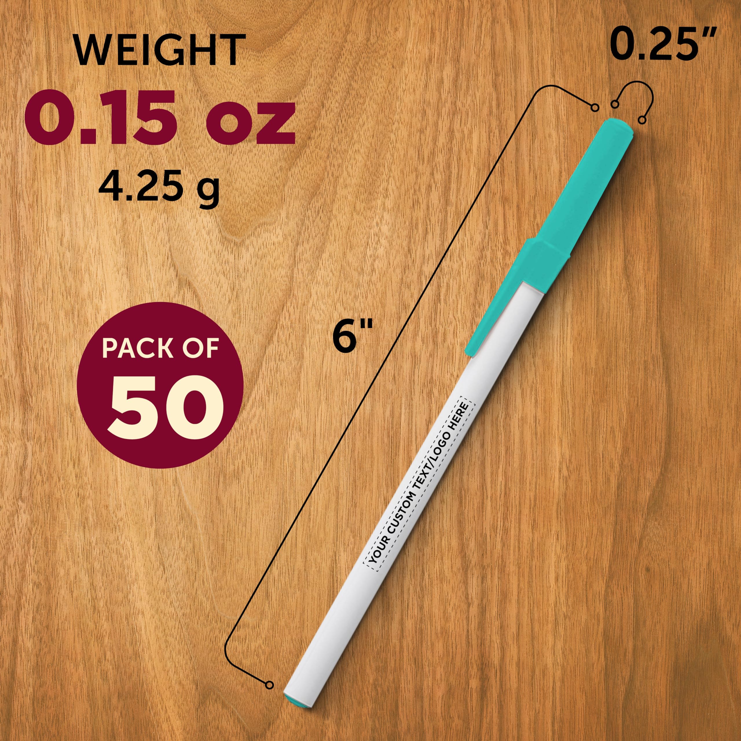 Custom Printed Bulk Pack of 50 Black Ink Stick Pens - Personalized Promotional Pens for Office, School, Business, Tradeshows & Events - Perfect for Branding, Giveaways & Corporate Gifts (Teal)
