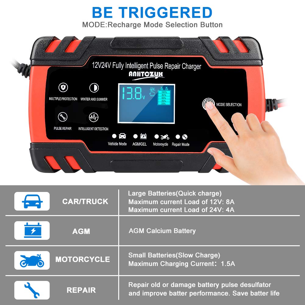 12V/8A 24V/4A Smart Car Battery Charger with LCD Display - Pulse Repair Trickle Charger for Automotive, Truck, Motorcycle, Lawn Mower, Boat & Marine Batteries - Perfect for Home Garage, Road Trips & Emergency Vehicle Maintenance