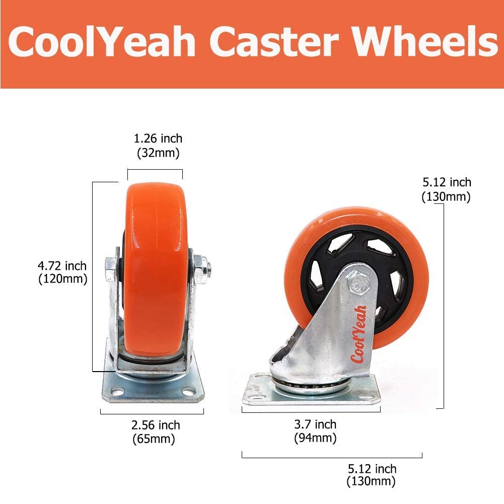 CoolYeah 4 Inch Heavy Duty Swivel Caster Wheels with Brake - Set of 4 for Smooth Mobility | Perfect for Furniture, Carts, Workbenches & Industrial Equipment