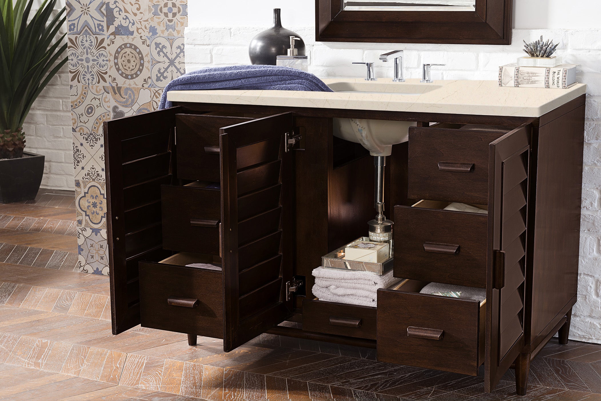 Portland 48 Inch Single Bathroom Vanity with Burnished Mahogany Finish and 3CM Eternal Marfil Quartz Countertop - Perfect for Modern Master Bathrooms and Powder Rooms