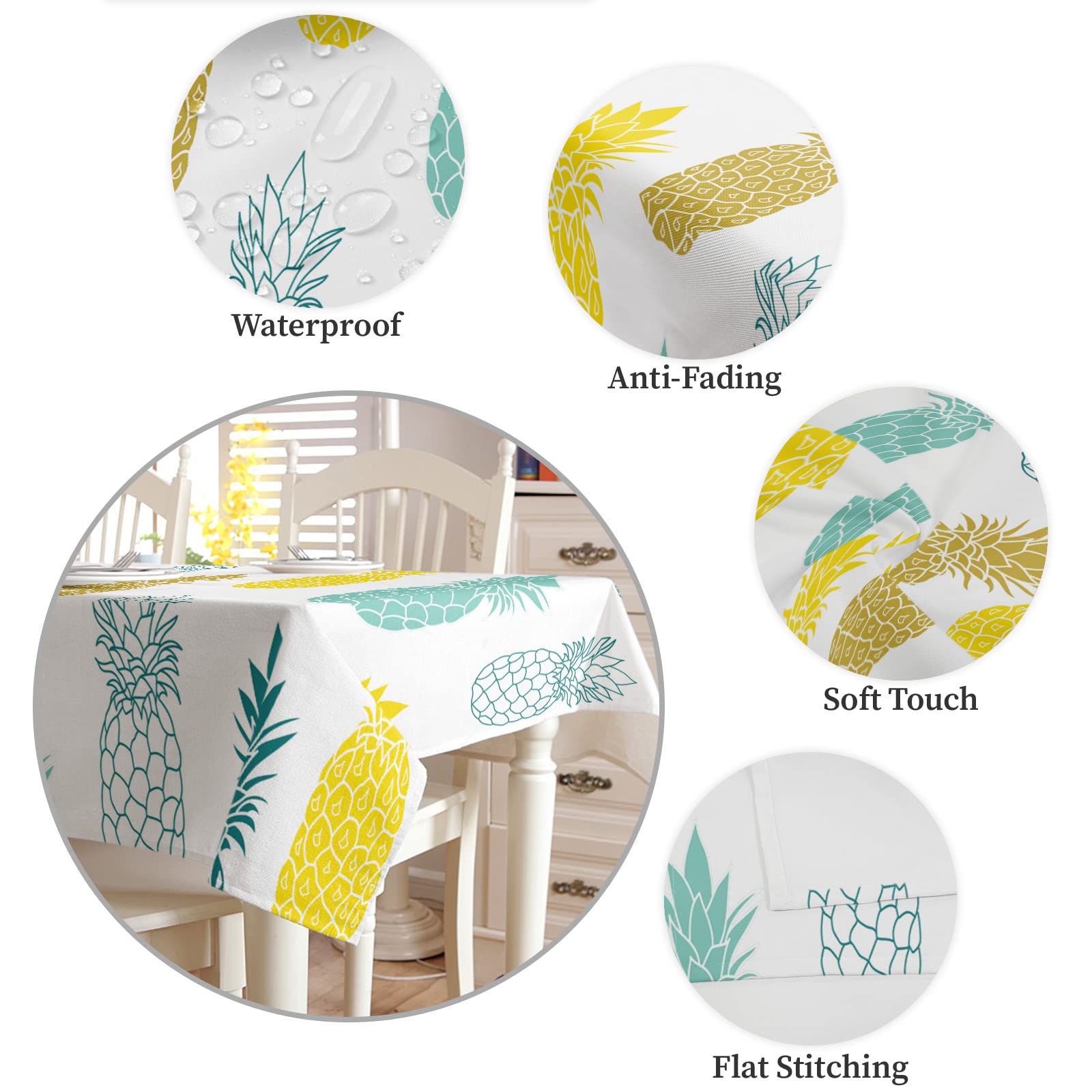 Waterproof Wipeable Polyester Tablecloth for Rectangle Tables - 54x108 Inch Yellow Teal White & Blue Pineapple Pattern Kitchen Dining Table Cover | Perfect for Holiday Parties, Dinner Decor & Everyday Use