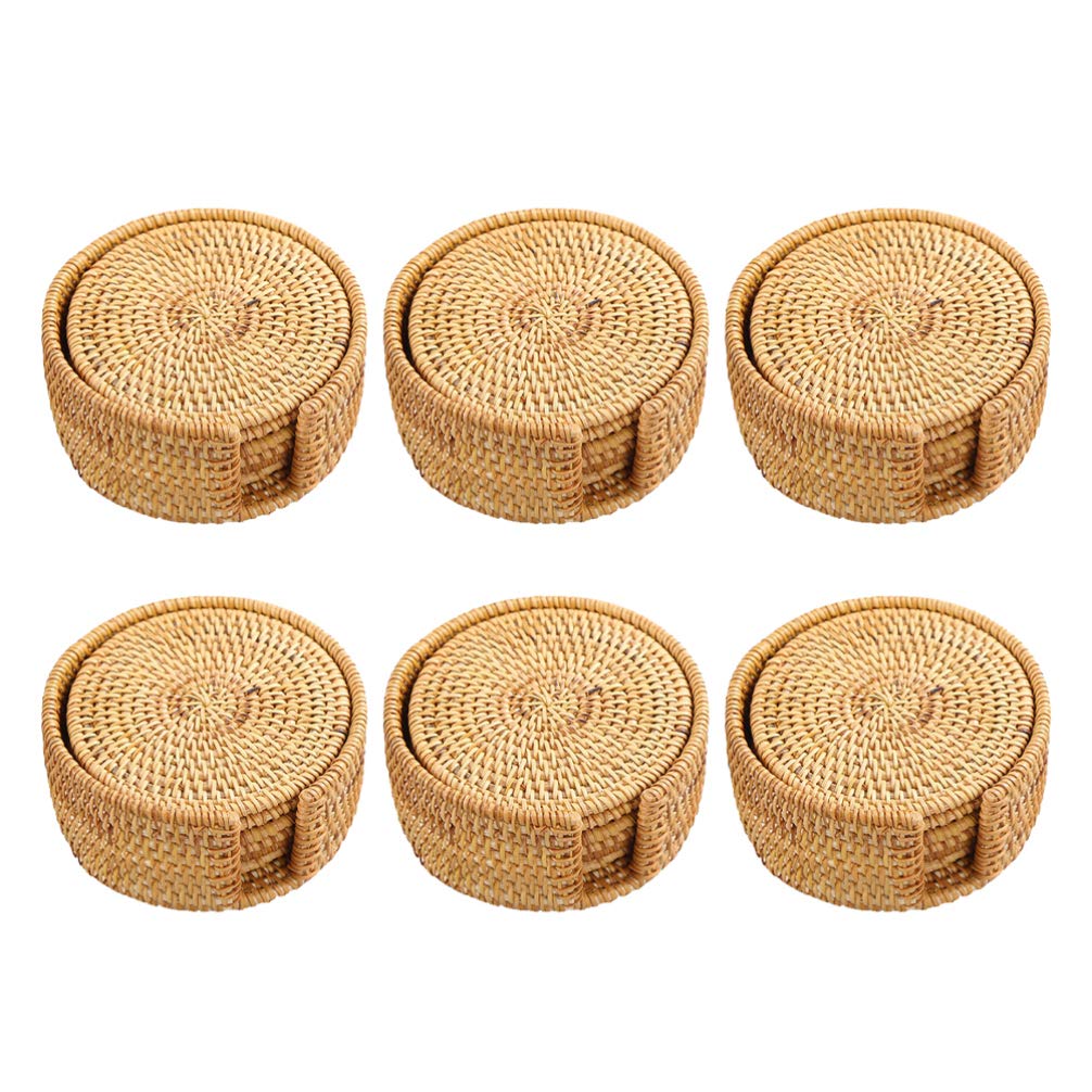 Handmade Natural Rattan Woven Coasters Set of 6 - Round Straw Wicker Trivet for Teacup, Plate & Mug - 8cm Wooden Coasters with Holder - Perfect for Dining Table, Kitchen Decor & Gift Giving