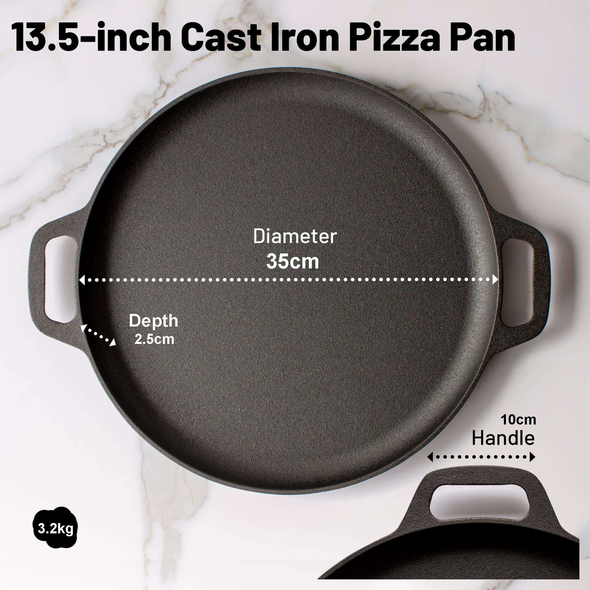 13.5 Inch Pre-Seasoned Cast Iron Pizza Pan - 35cm Round Baking Griddle for Stove, Oven, Grill & Campfire - Perfect for Homemade Pizza, Bread, Steak & Outdoor Cooking