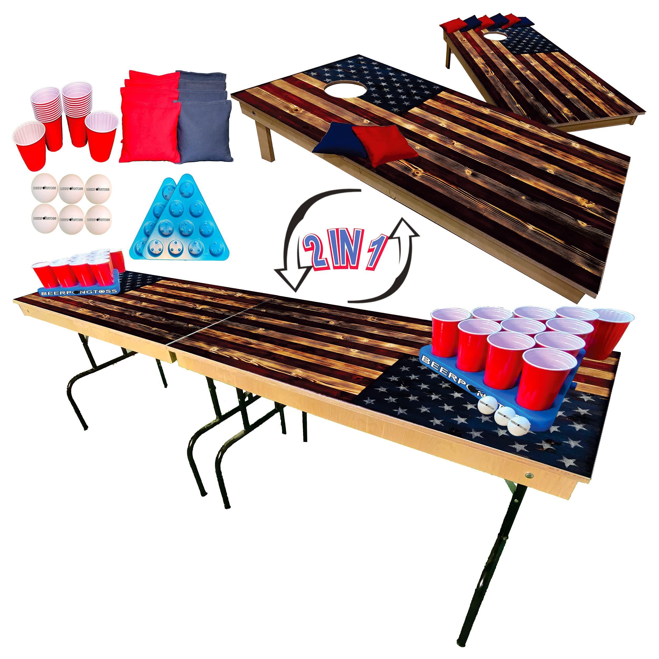 2-in-1 Cornhole & Beer Pong Game Table Set - 8ft Portable Party Game for Backyard, Tailgating, College Dorms & Outdoor Events | Includes 4x2ft Cornhole Boards, 8 Bags, 22 Cups, 6 Pong Balls & 2 Racks | Perfect for BBQs, Beach Parties & Game Nights