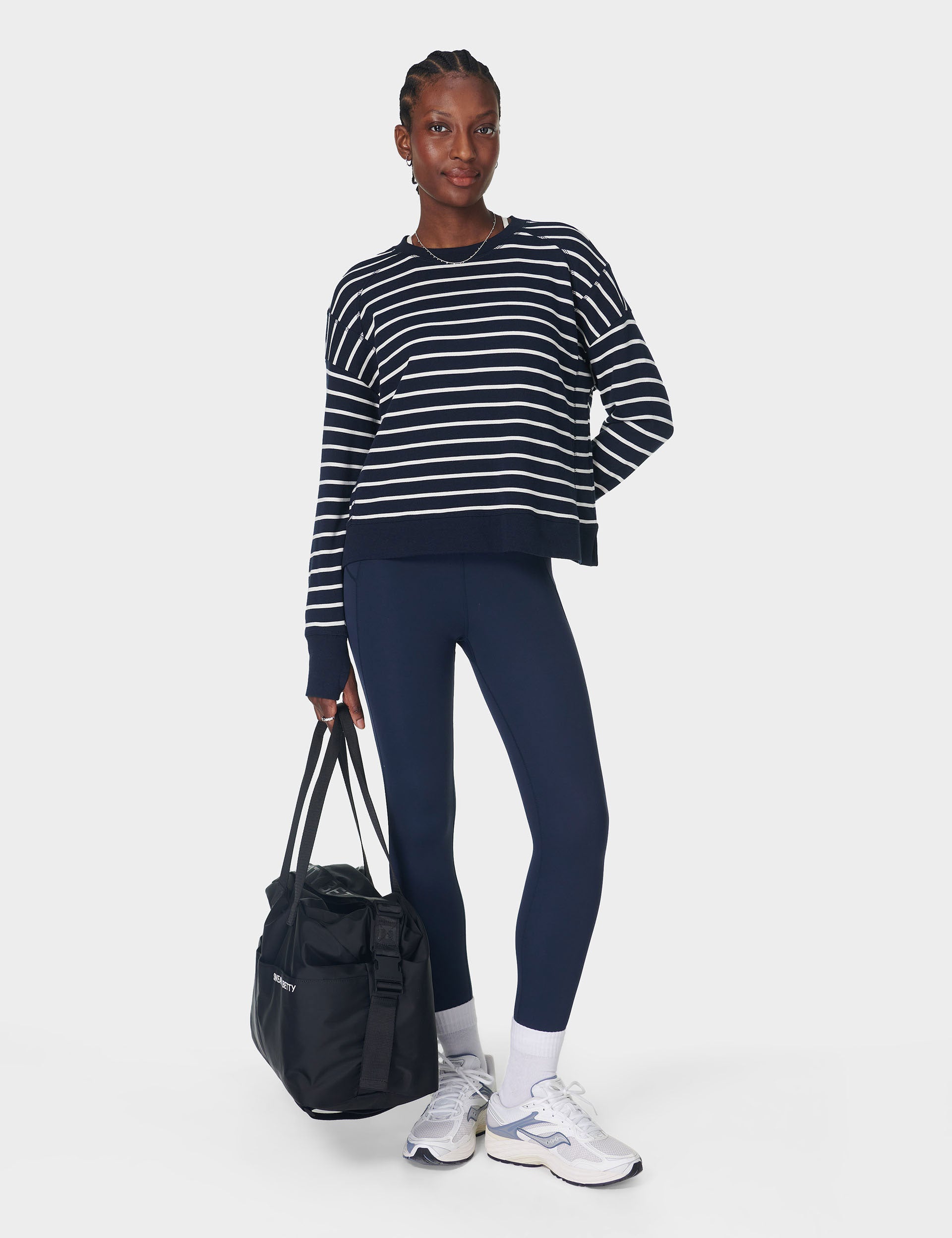 After School Crop Sweatshirt for Women - Navy & White Striped Pullover - Casual Wear for College, Gym, and Street Style