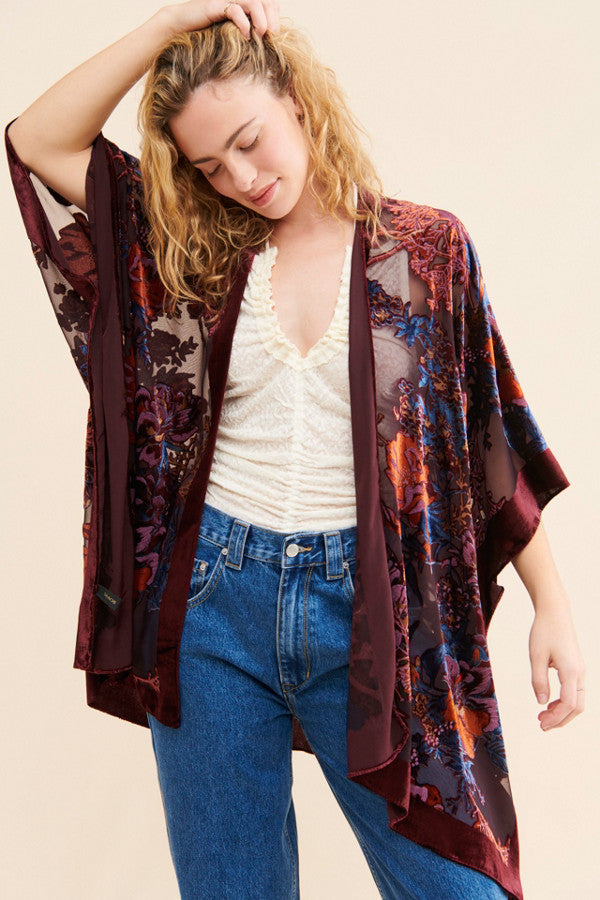 Burgundy Velvet Floral Kimono Robe - Elegant Loungewear for Women, Perfect for Spa Nights, Bridal Parties & Relaxing at Home