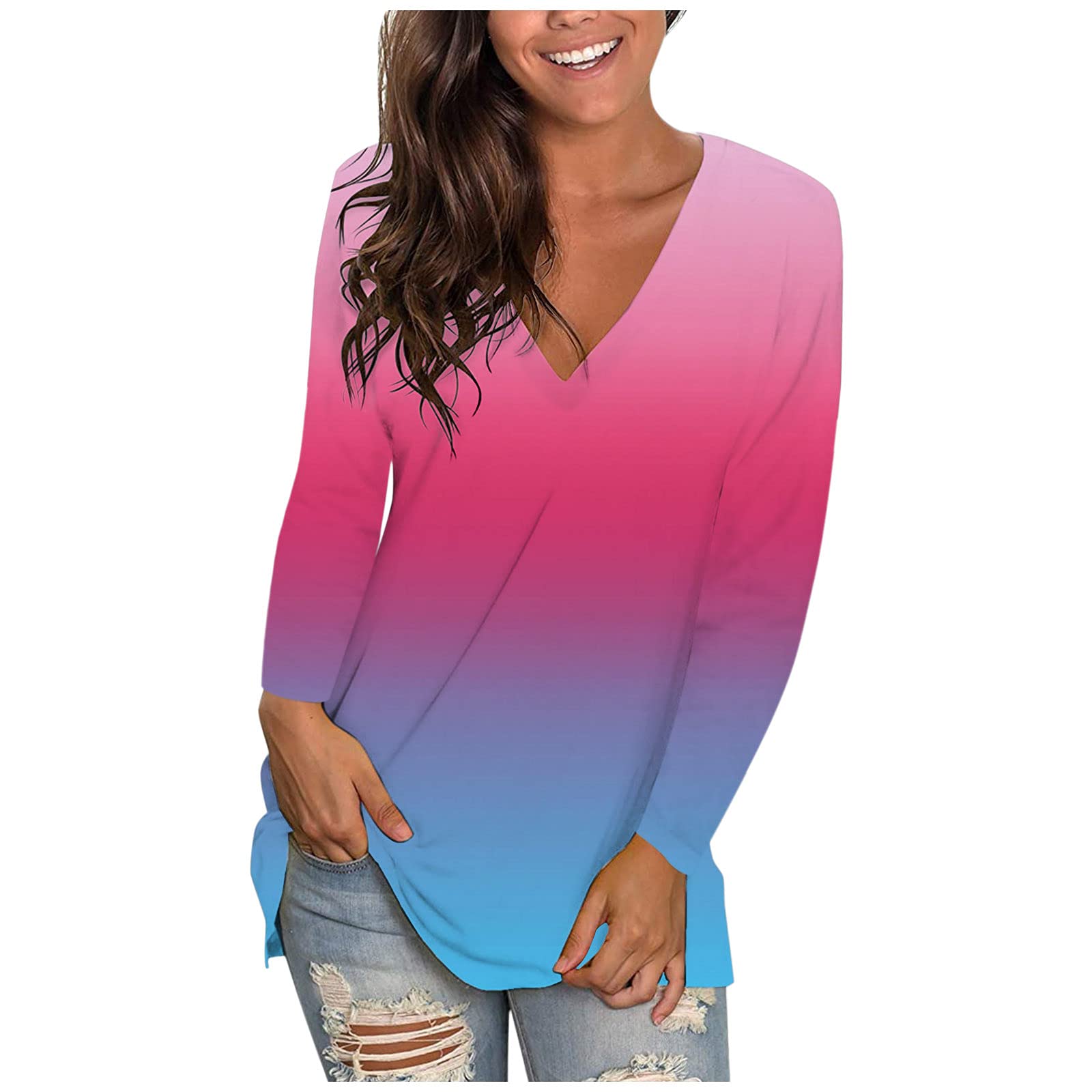 Women's Tie-Dye Long Sleeve Blouse - Summer Fashion V-Neck Tops & Casual Pullover Sweatshirts | Perfect for Beach Outings, Date Nights & Weekend Brunch