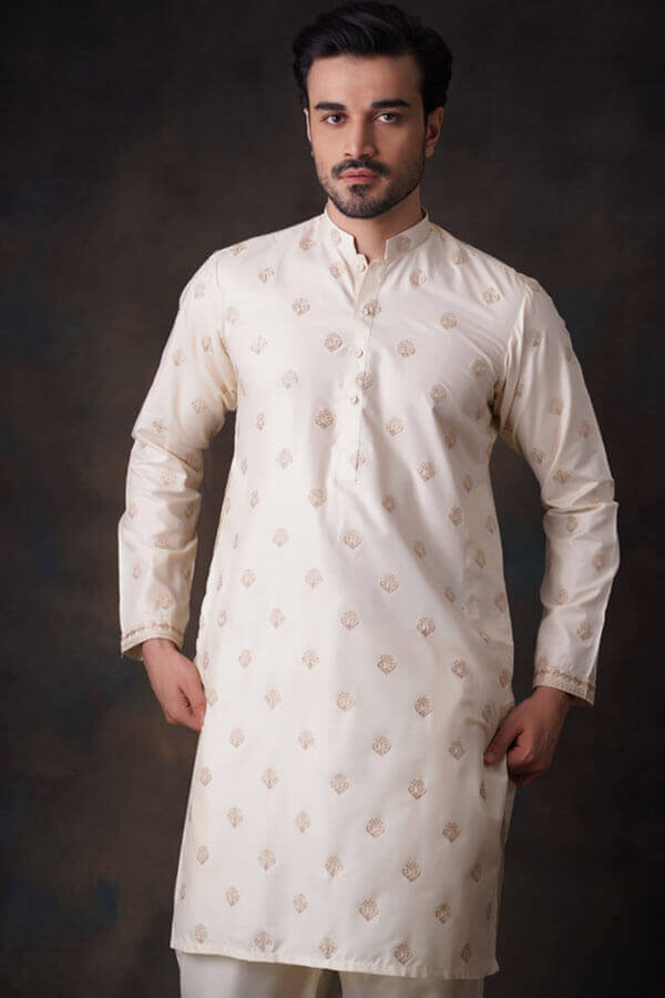 Soft Cotton Cream Persian Chickenkari Kurta Pant Set - Comfortable Traditional Indian Outfit for Men, Perfect for Festivals, Weddings & Casual Wear