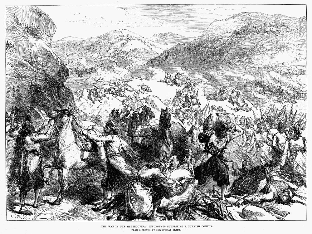 1876 Balkan Insurgency Wood Engraving - Turkish Convoy Attack in Bosnia for History Collectors