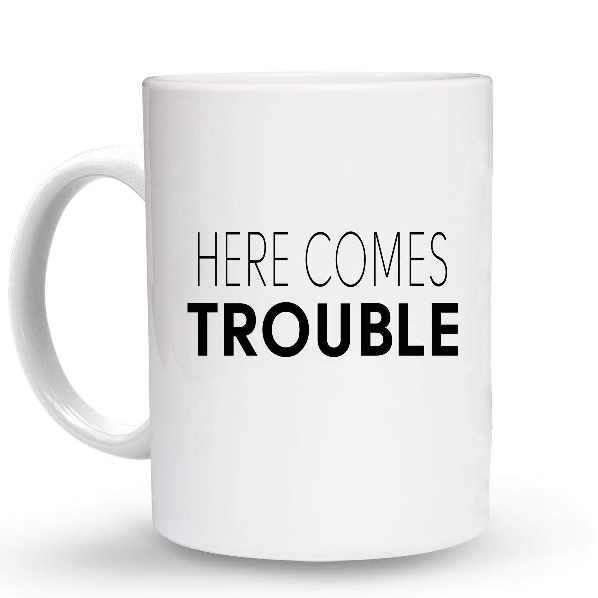 Makoroni - HERE COMES TROUBLE - 6 Oz. Ceramic Espresso Mug Coffee Cup, Funny Novelty Drinking Mug for Coffee, Tea & Hot Beverages - Perfect for Home, Office & Gifts