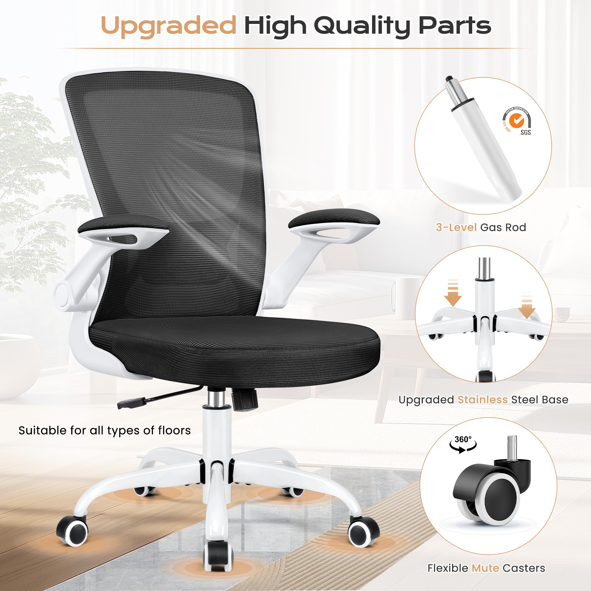 KERDOM Ergonomic Office Chair - Breathable Mesh Computer Desk Chair with Lumbar Support, Wheels & Flip-Up Arms - Adjustable Height Swivel Task Chair for Home Office & Gaming (White) - Perfect for Long Work Sessions, Online Classes & PC Gaming
