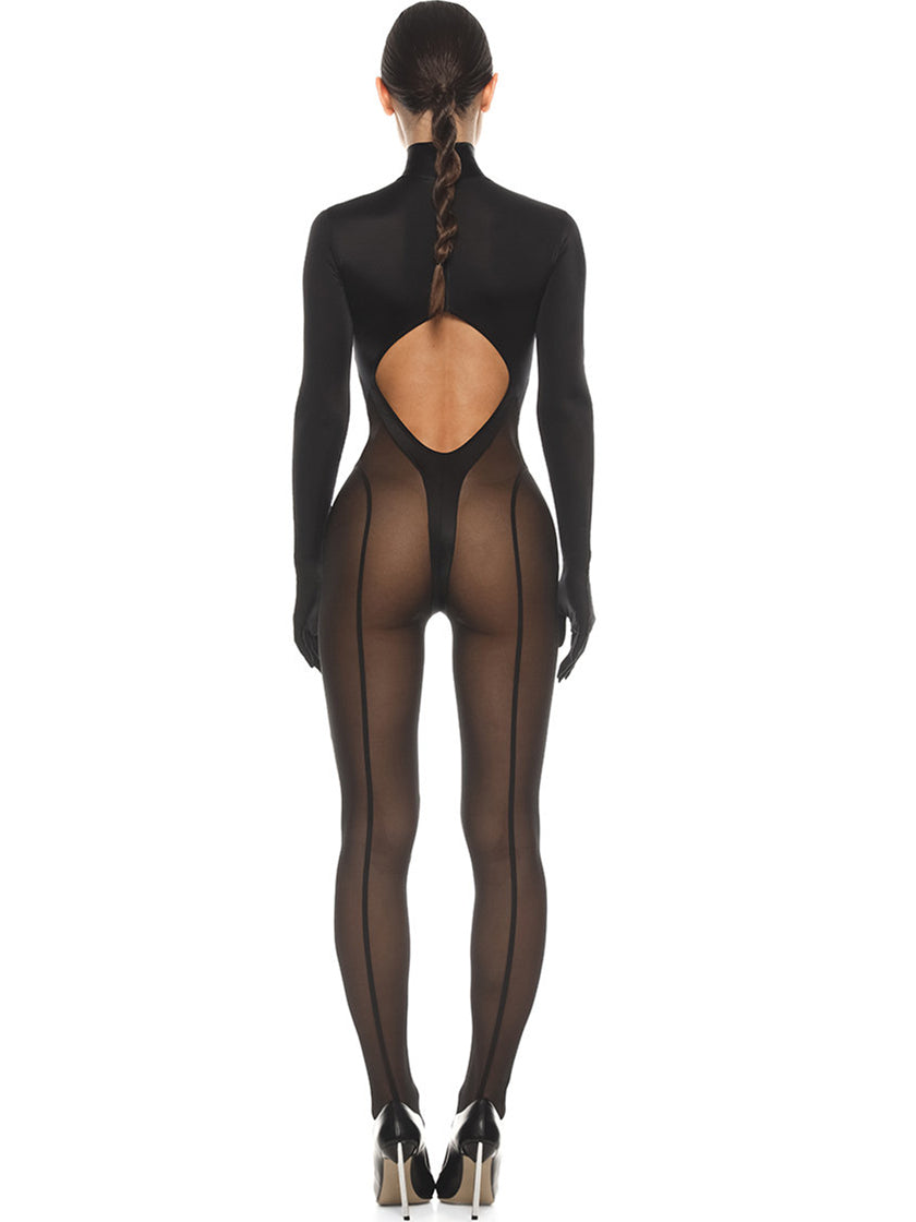 ZASUWA Women's Sexy Cutout Mesh Zipper Bodysuit Jumpsuit - Clubwear, Night Out, Party Outfit, Halloween Costume