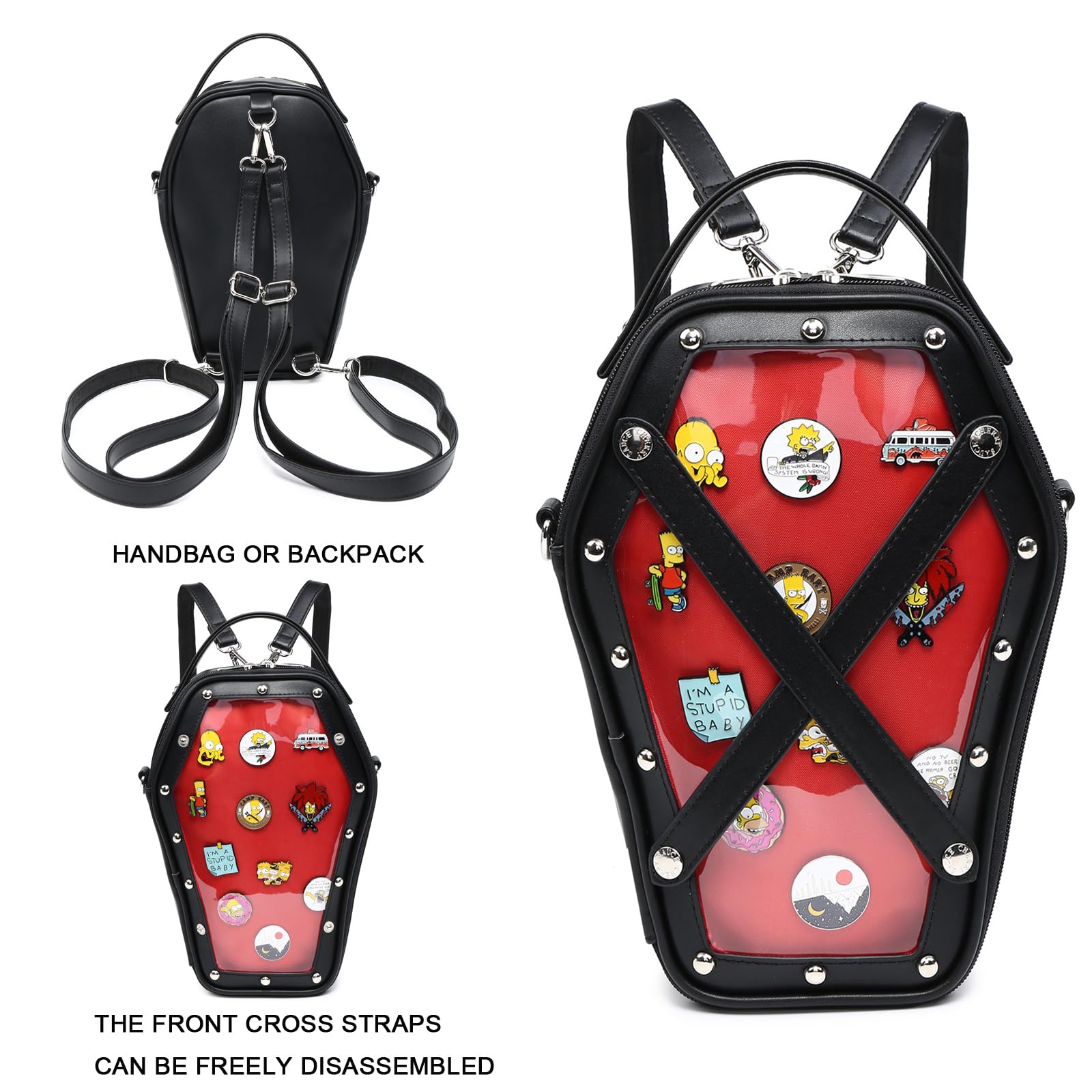 Gothic Coffin Shape Ita Bag Backpack - Rainbow Smile Anime Pin Display Purse for Halloween, Cosplay & JK Fashion | Stylish Alternative Handbag for Conventions & Kawaii Outfits