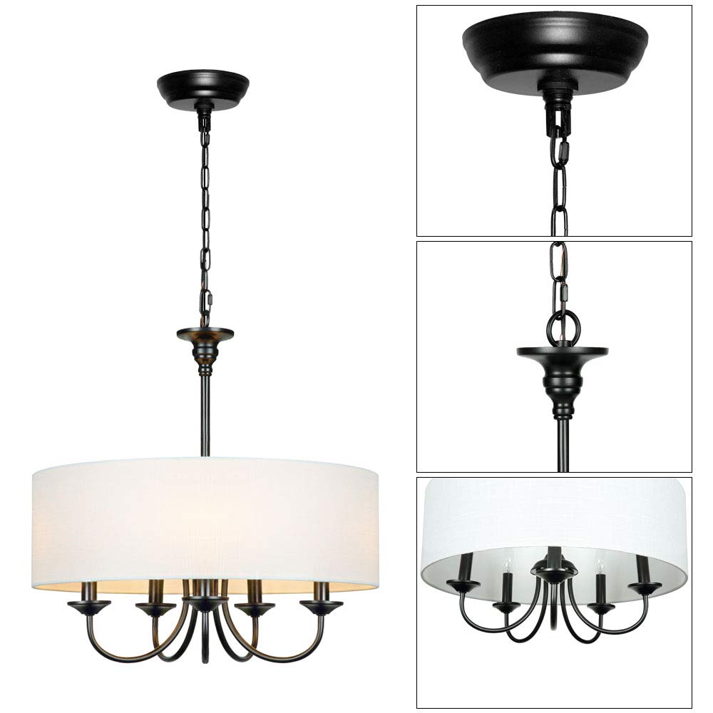Modern White Drum Chandelier with Linen Shade - 5-Light Traditional Ceiling Fixture, 20