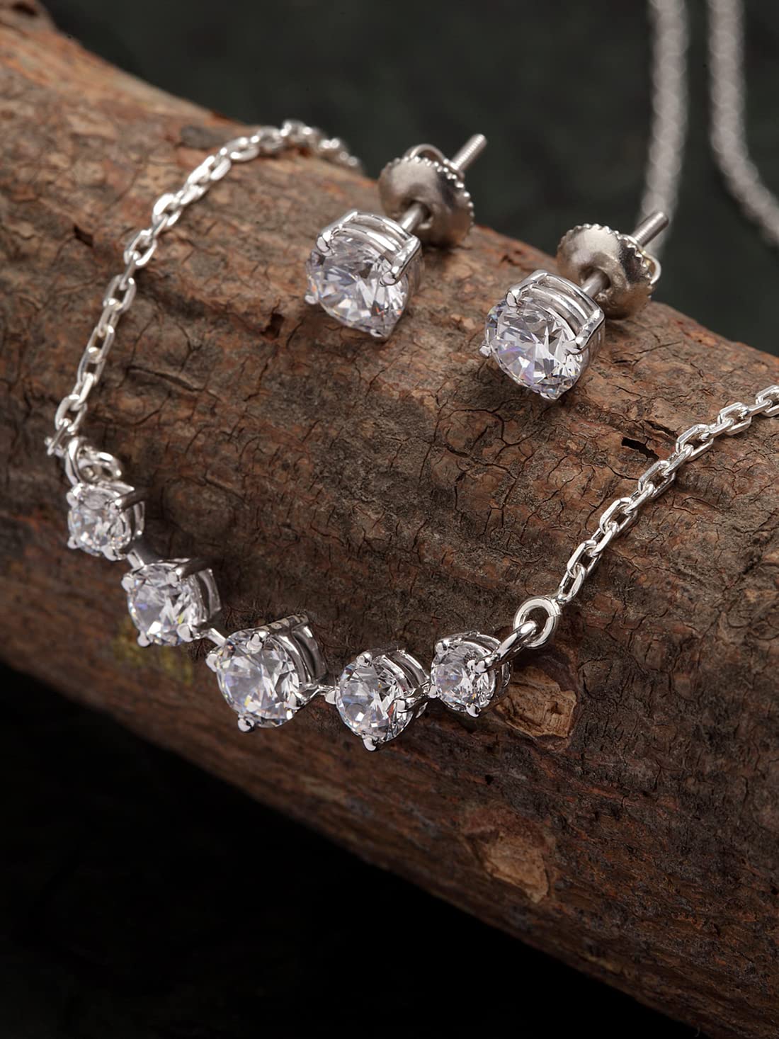 925 Sterling Silver 5-Stone Pendant Earrings & Necklace Set | Platinum Plated with Genuine Swiss Zirconia | Elegant Jewelry Gift for Women & Girls | Perfect for Weddings, Anniversaries & Special Occasions