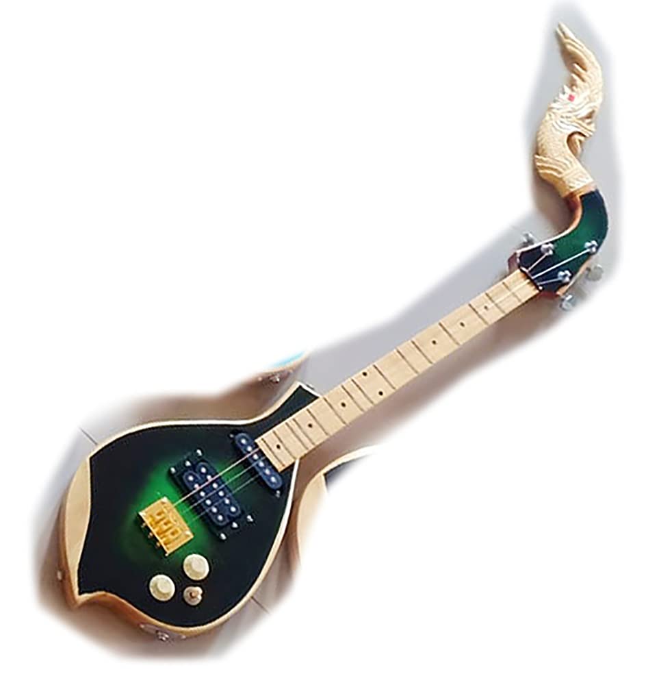 Isarn Electric Phin 3 Strings Guitar - Traditional Thai Lao Musical Instrument with Amplifier (Black-Green) | Perfect for Cultural Performances, Music Education & Home Decor