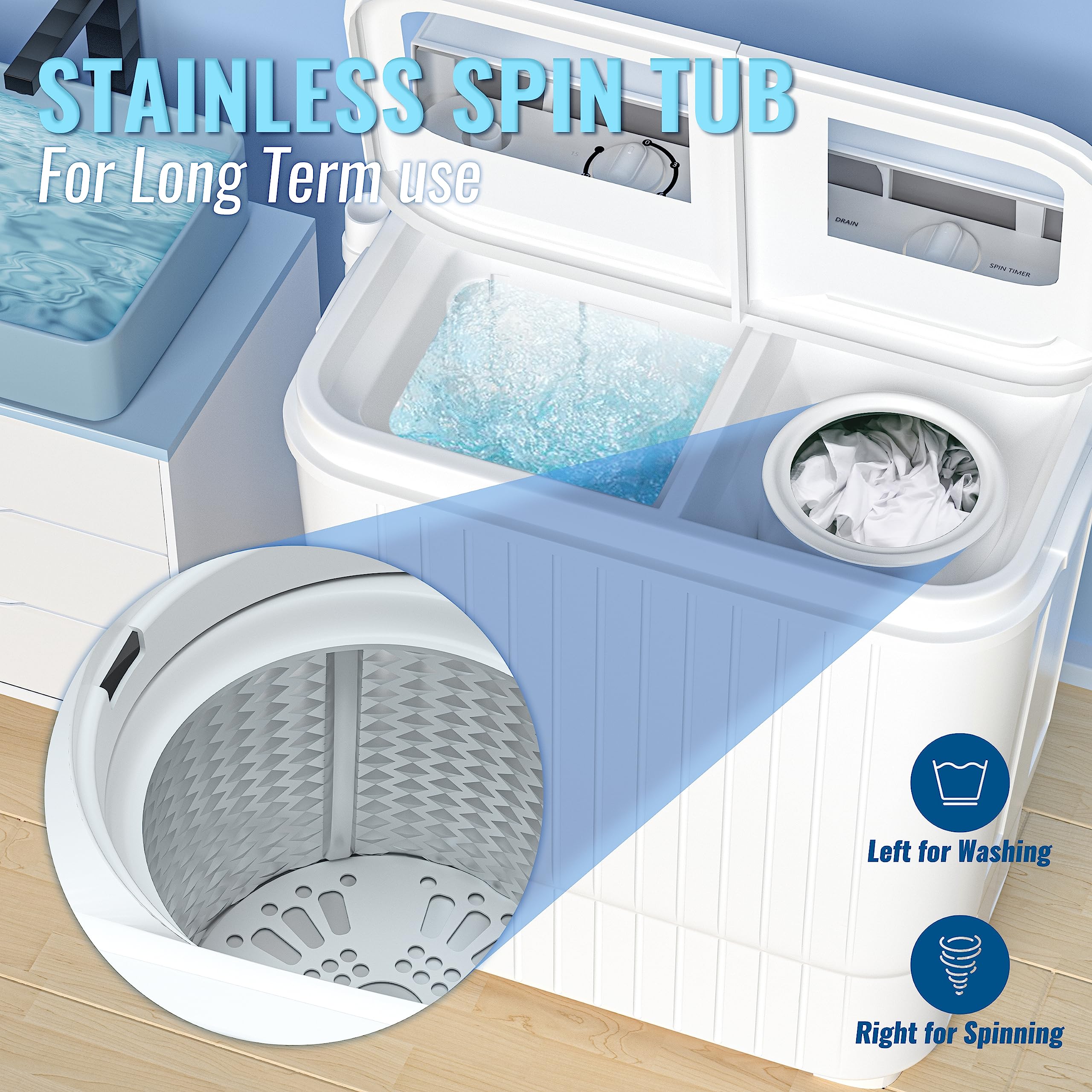 INTERGREAT 22 lbs Portable Twin Tub Washing Machine with Spin Dryer - Compact Mini Washer for Apartments, Dorm, RV & Camping - Perfect for Small Spaces, Travel & Off-Grid Laundry (Blue)