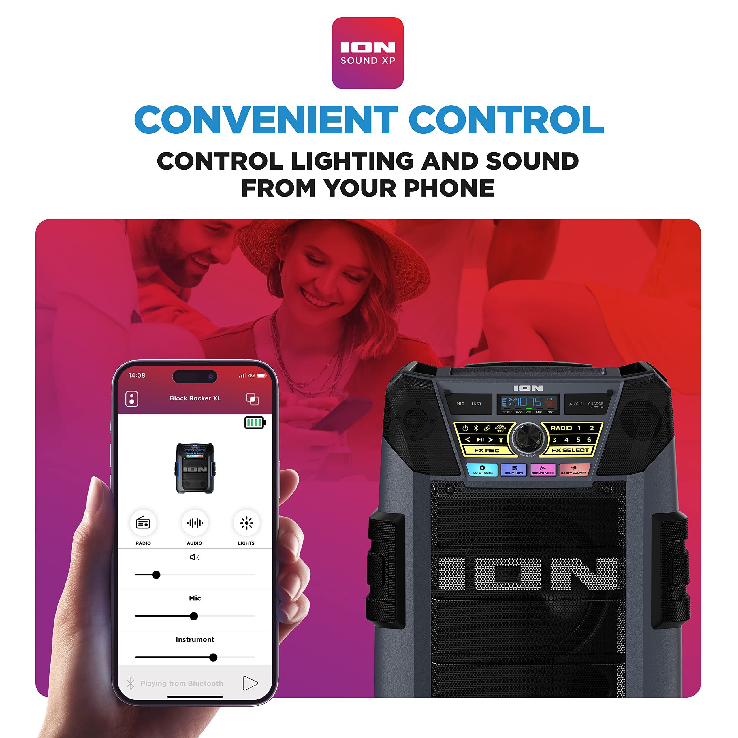 ION Block Rocker XL - 220W Portable Bluetooth Party Speaker with Karaoke Mic, Rechargeable Battery, 5 Speakers, LED Lights, FM Radio, USB Charging & App - Perfect for Outdoor Events, Beach Parties, Backyard BBQs and Tailgating