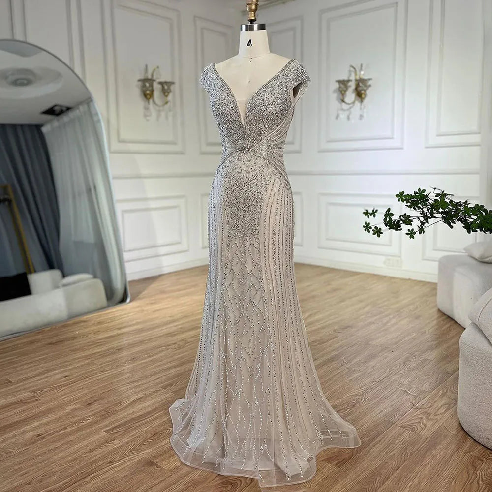 Elegant Beige Sleeveless Mermaid Evening Dress with Beaded Arabic Design for Women - Dubai Serene Hill LA72456 | Perfect for Wedding Parties, Formal Events & Special Occasions 2025