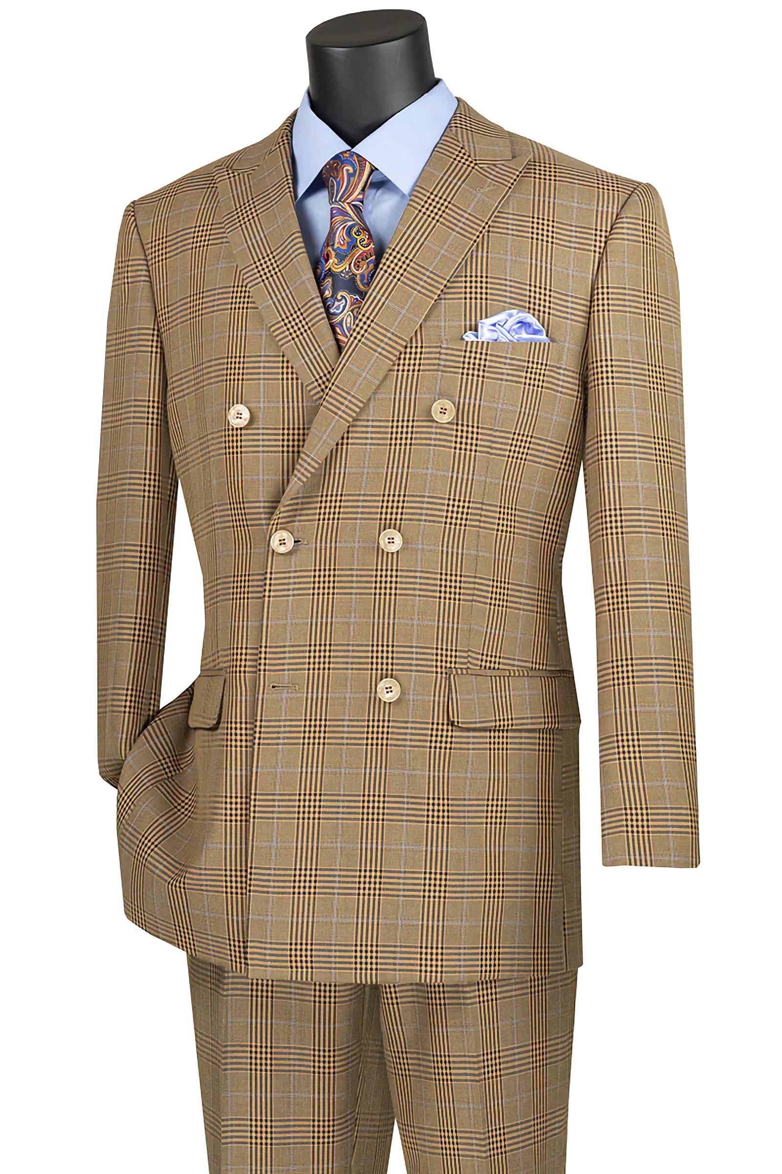 Elegant Mocha Double Breasted 2-Piece Suit | Regular Fit Tone-on-Tone Windowpane Pattern | Perfect for Business Meetings, Weddings & Formal Events