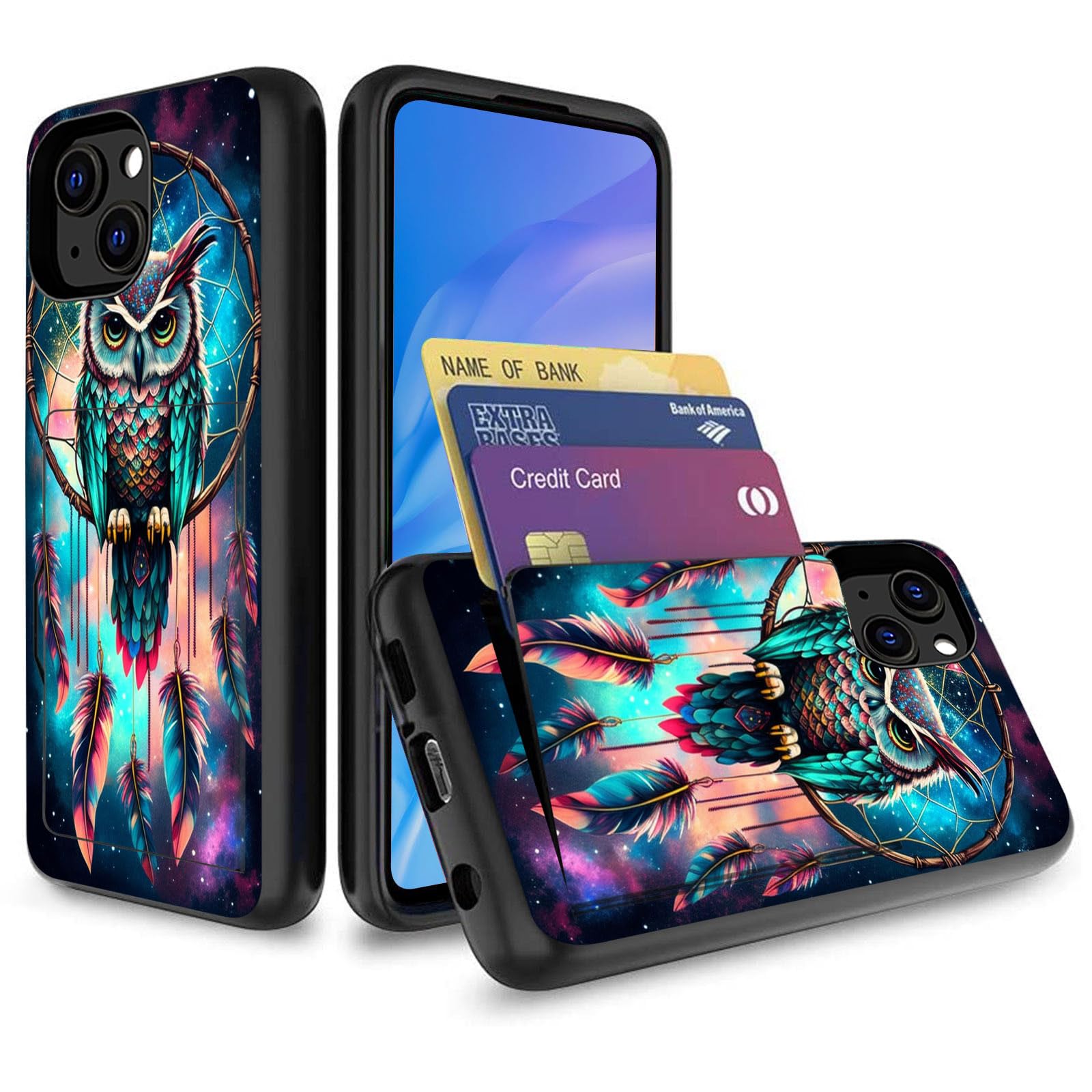 Shockproof Armor Hybrid Case with Card Holder for iPhone 12 Pro Max (6.7 Inch 2020) - Rugged Silicone Protective Wallet Cover Featuring Owl Dream Catcher Design | Perfect for Outdoor Adventures, Travel & Everyday Use