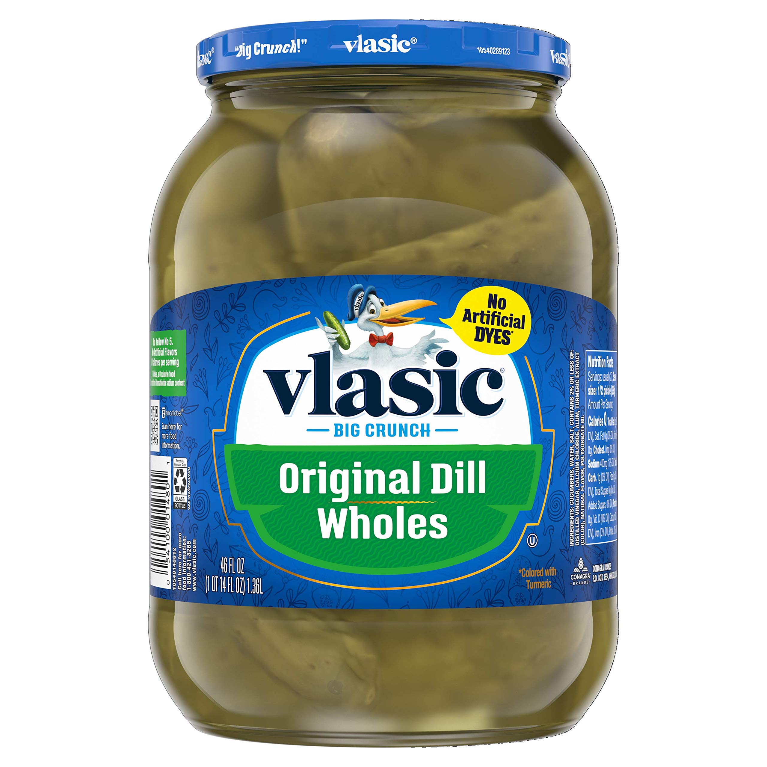 Vlasic Original Dill Whole Pickles - Keto Friendly Pickled Cucumbers in Brine, 6 Pack of 46 FL OZ Jars - Perfect for Sandwiches, Charcuterie Boards & Low Carb Snacking
