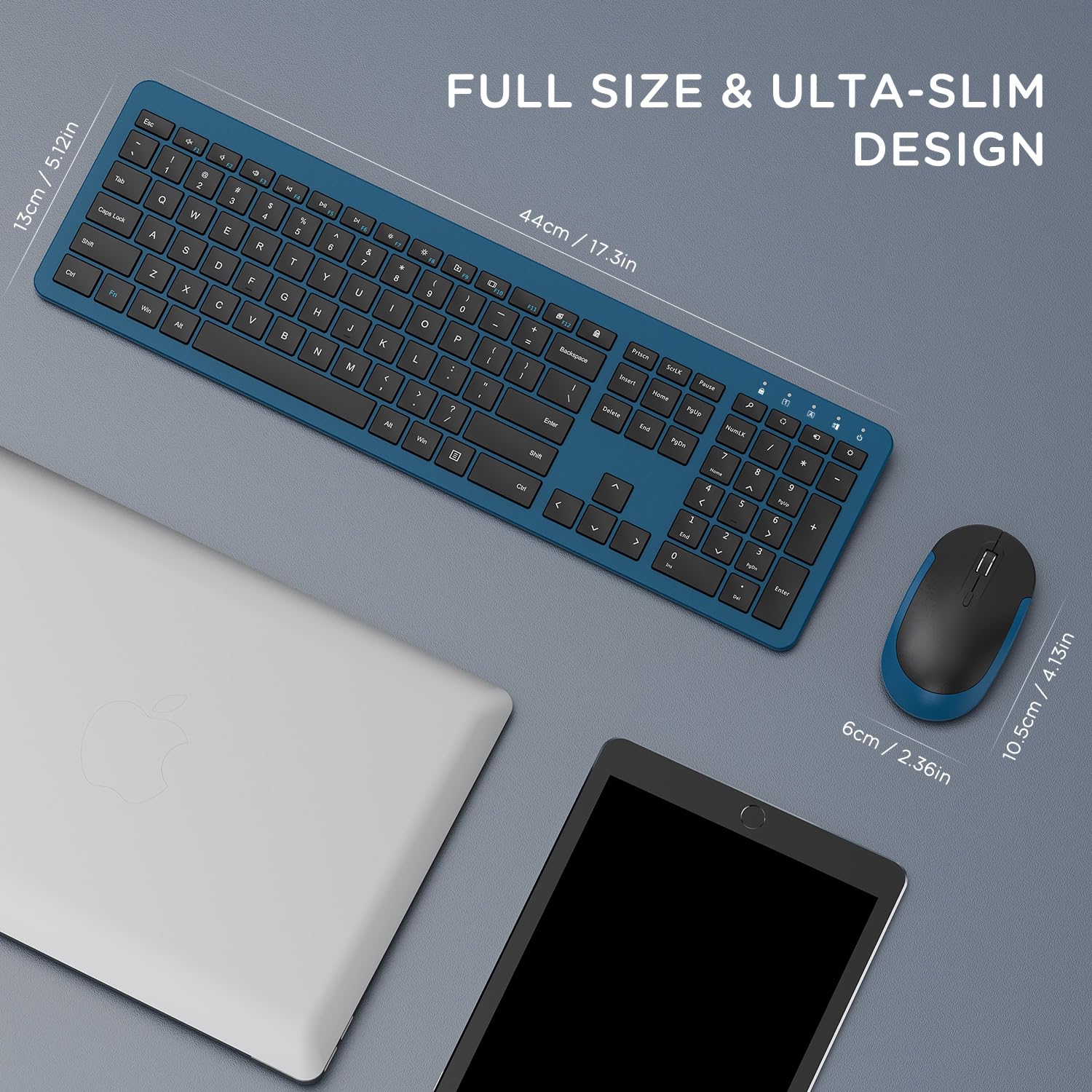 Wireless Keyboard and Mouse Combo - Full Size Slim 2.4G Wireless Keyboard with Numeric Keypad & Adjustable DPI Mouse for PC, Laptop, Office, Home (Dark Blue) | Ergonomic Design for Comfortable Typing & Gaming